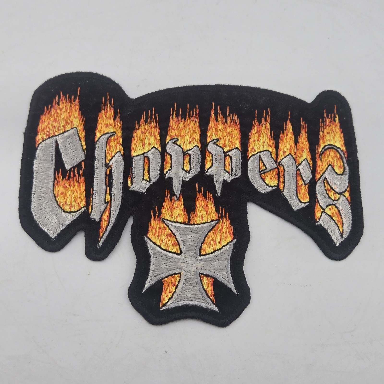 Vintage 2002 Choppers Iron On Patch Biker Motorcycle Iron Cross Flame 6x4.5