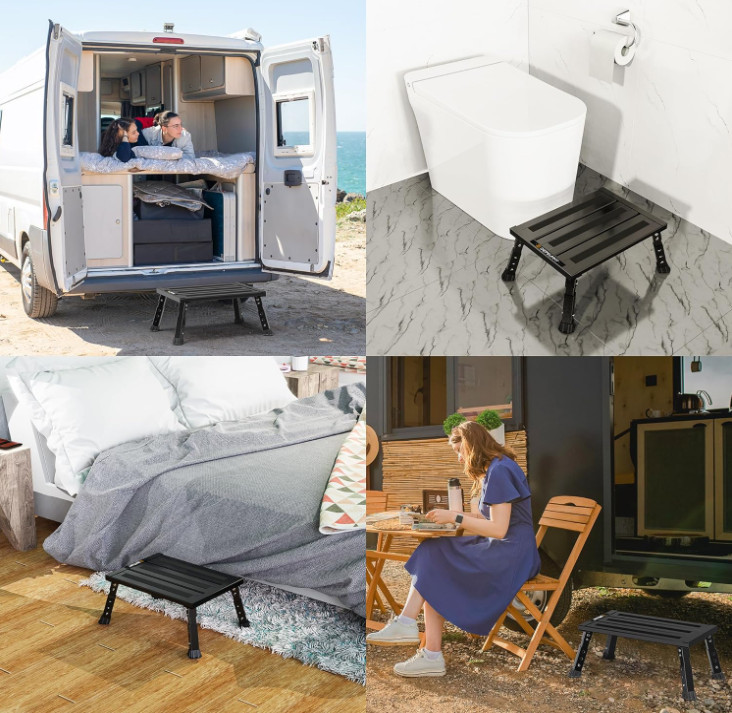 Adjustable RV Step Stool, 3-Step Height Adjustment, Foldable Legs, Wide Anti-Sli
