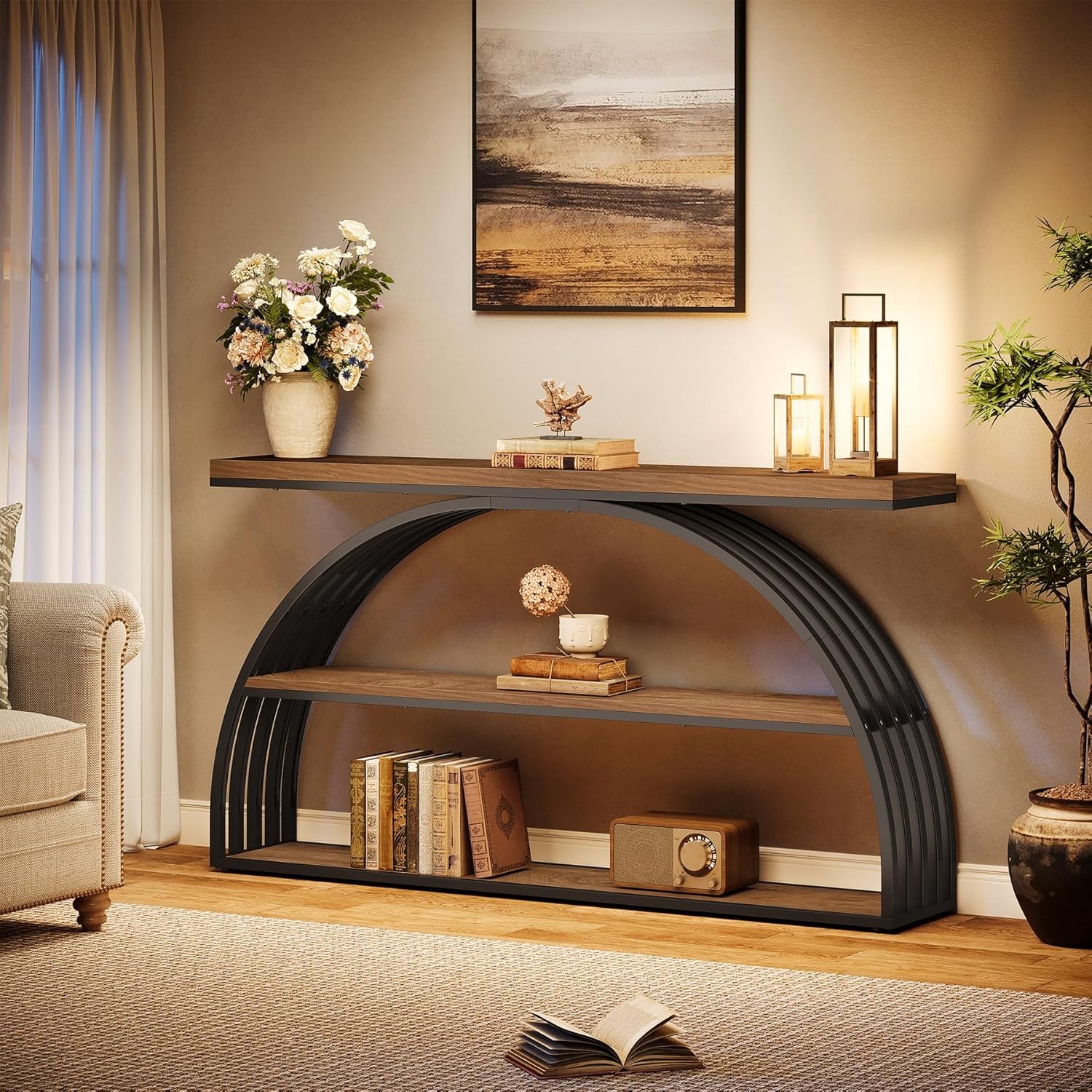 63-Inch Console Table for Entryway, Farmhouse Entryway Table with Arched Frame