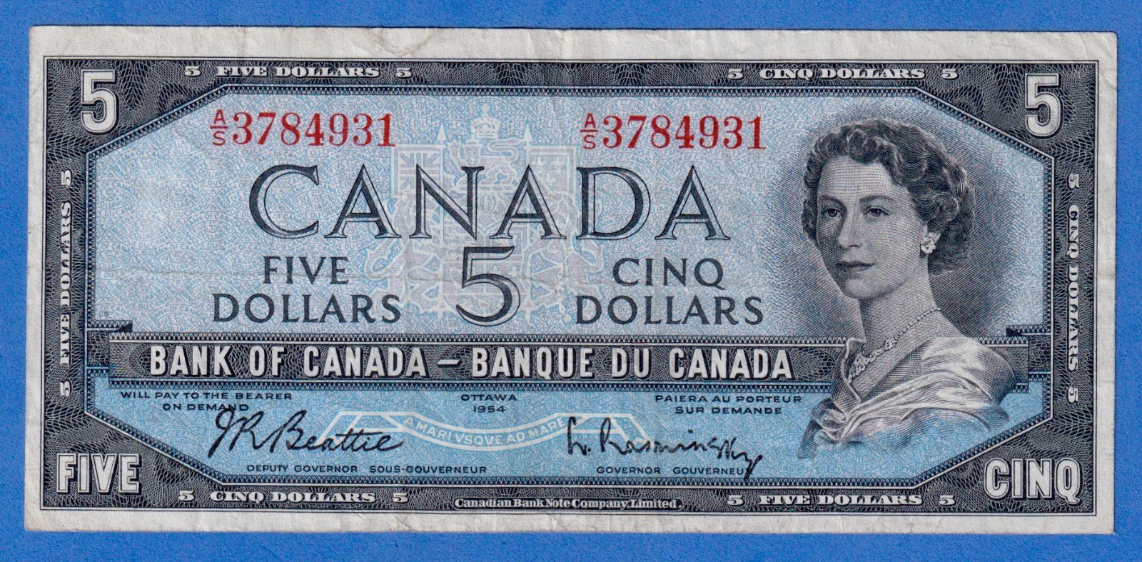 Canada $5 1954 BC-39b / P-77b - QE II - Circulated Note A/S 3784931