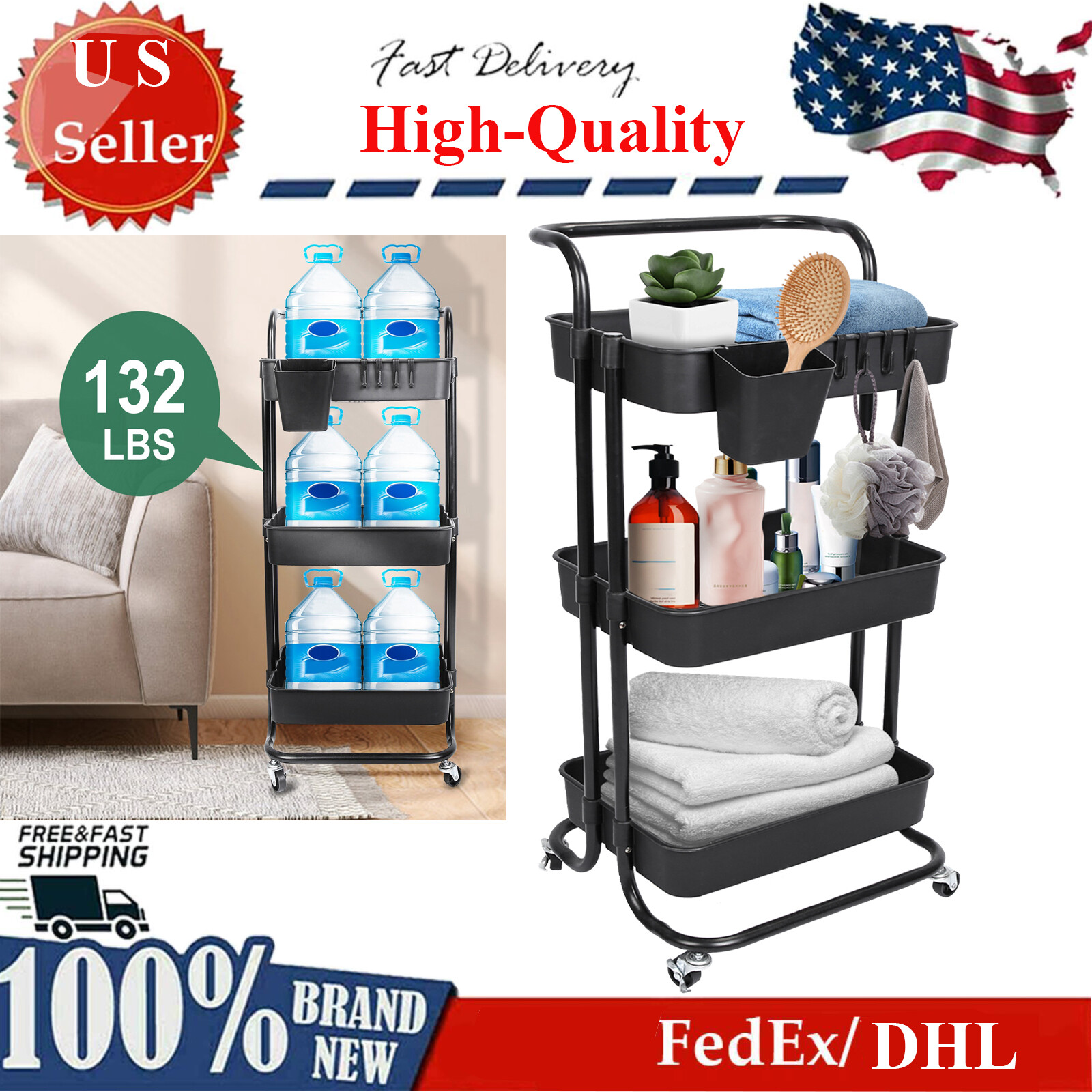 3 Tier Rolling Utility Cart Movable Storage Organizer w/ Baskets Lockable Wheels