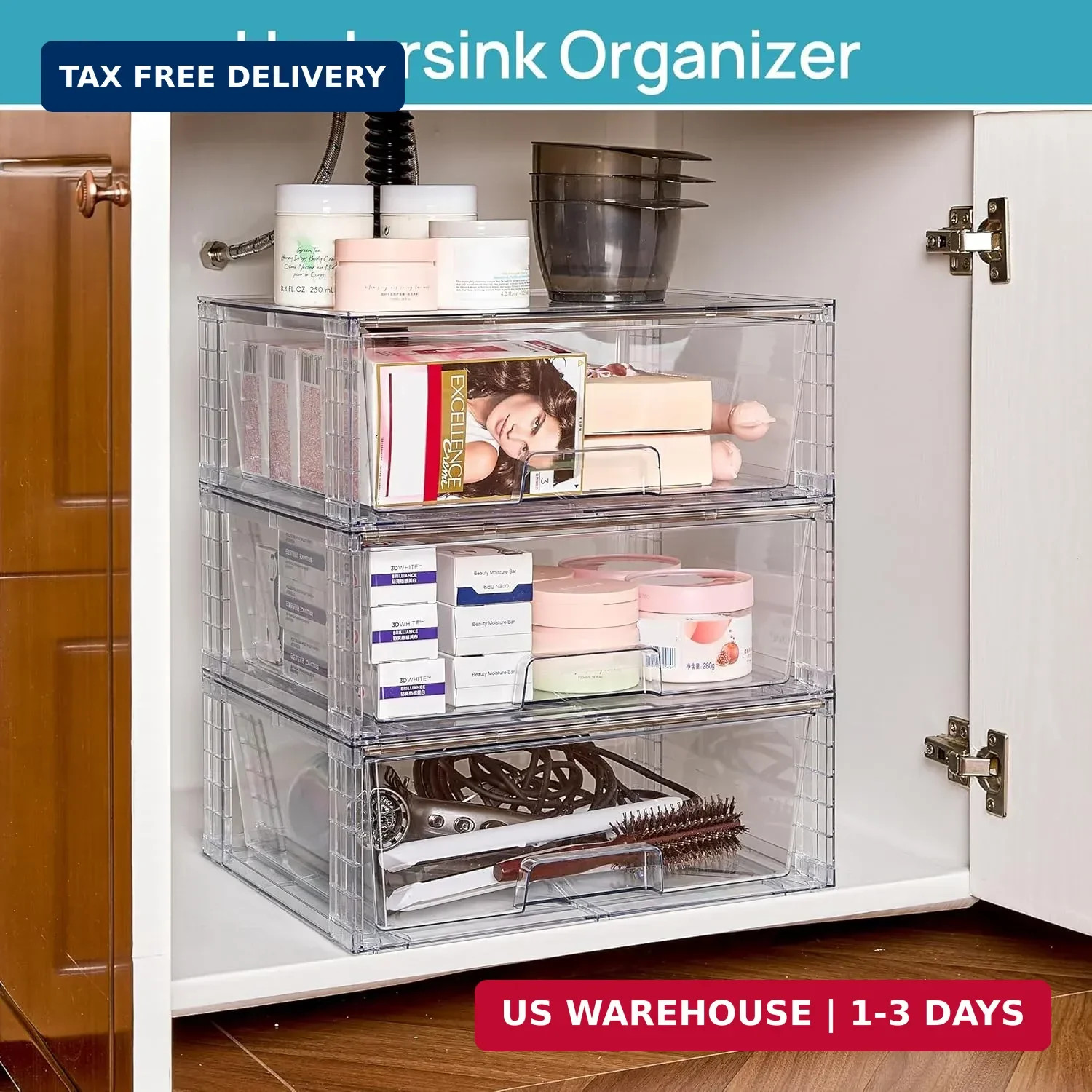 2 Pack Large Stackable Storage Drawers,Easily Assemble Clear Acrylic Ba