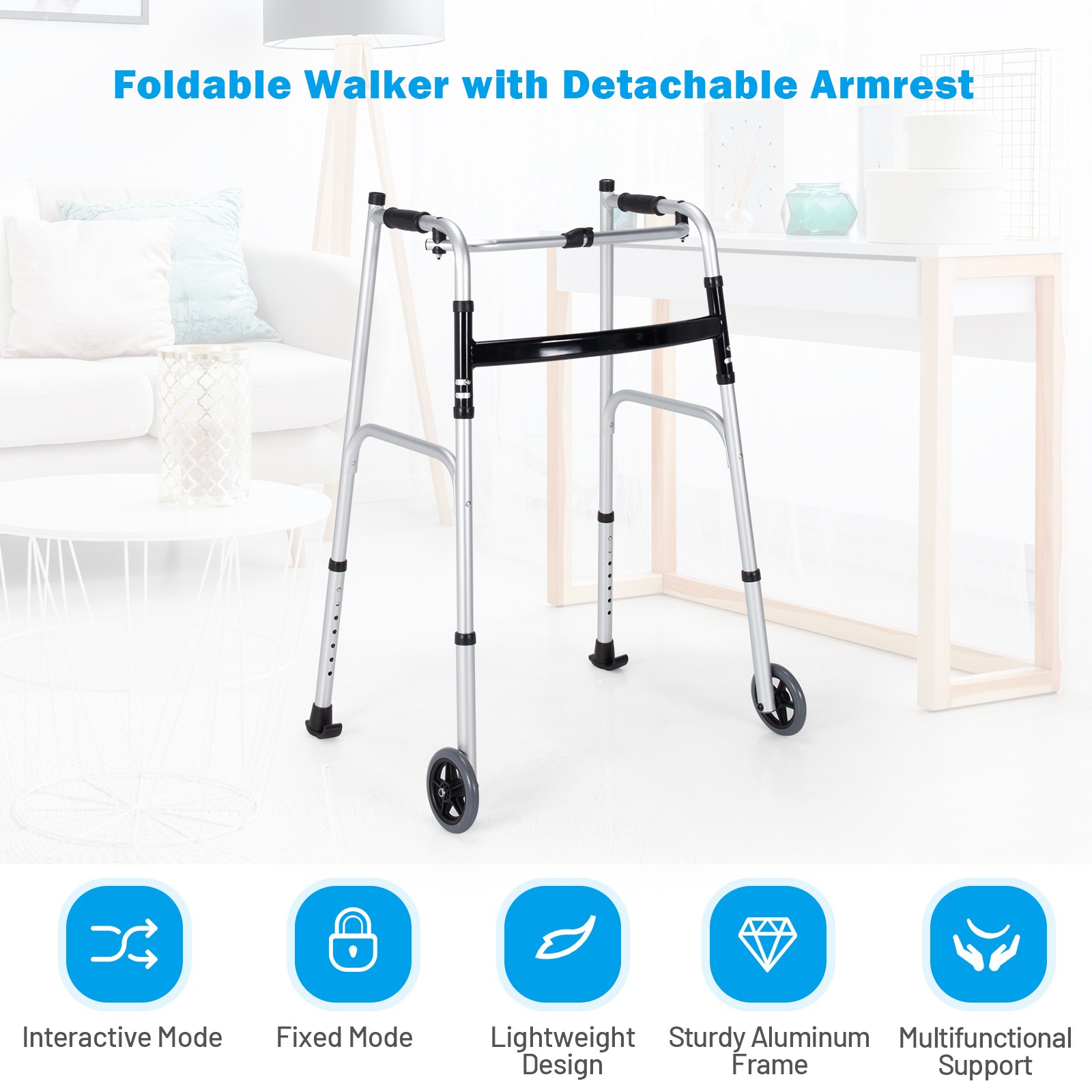 Folding Aluminum Alloy Wheel Walking Frame Adjustable Walker W/Armrest Support
