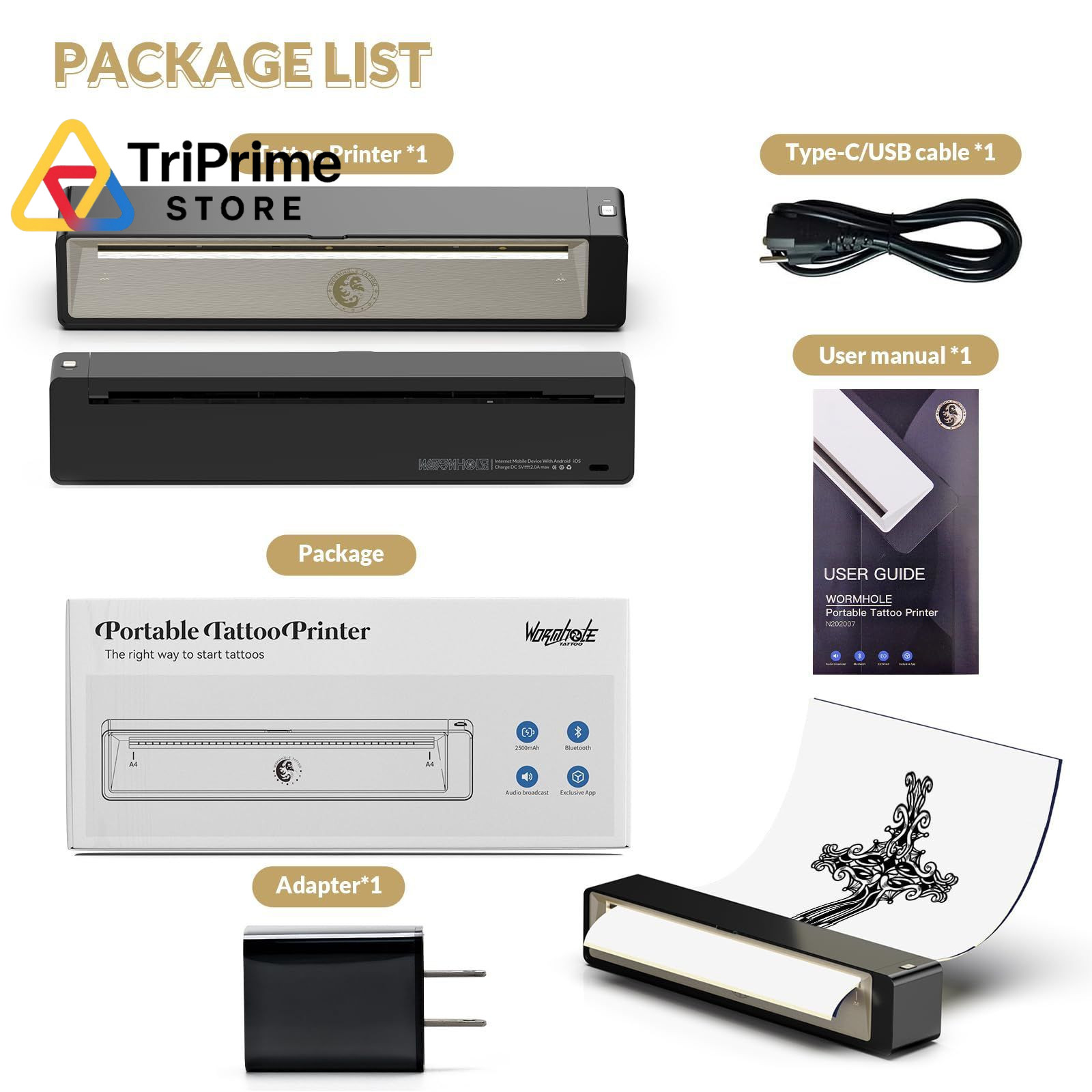 Wormhole Tattoo Stencil Printer, Wireless Bluetooth Printer with black