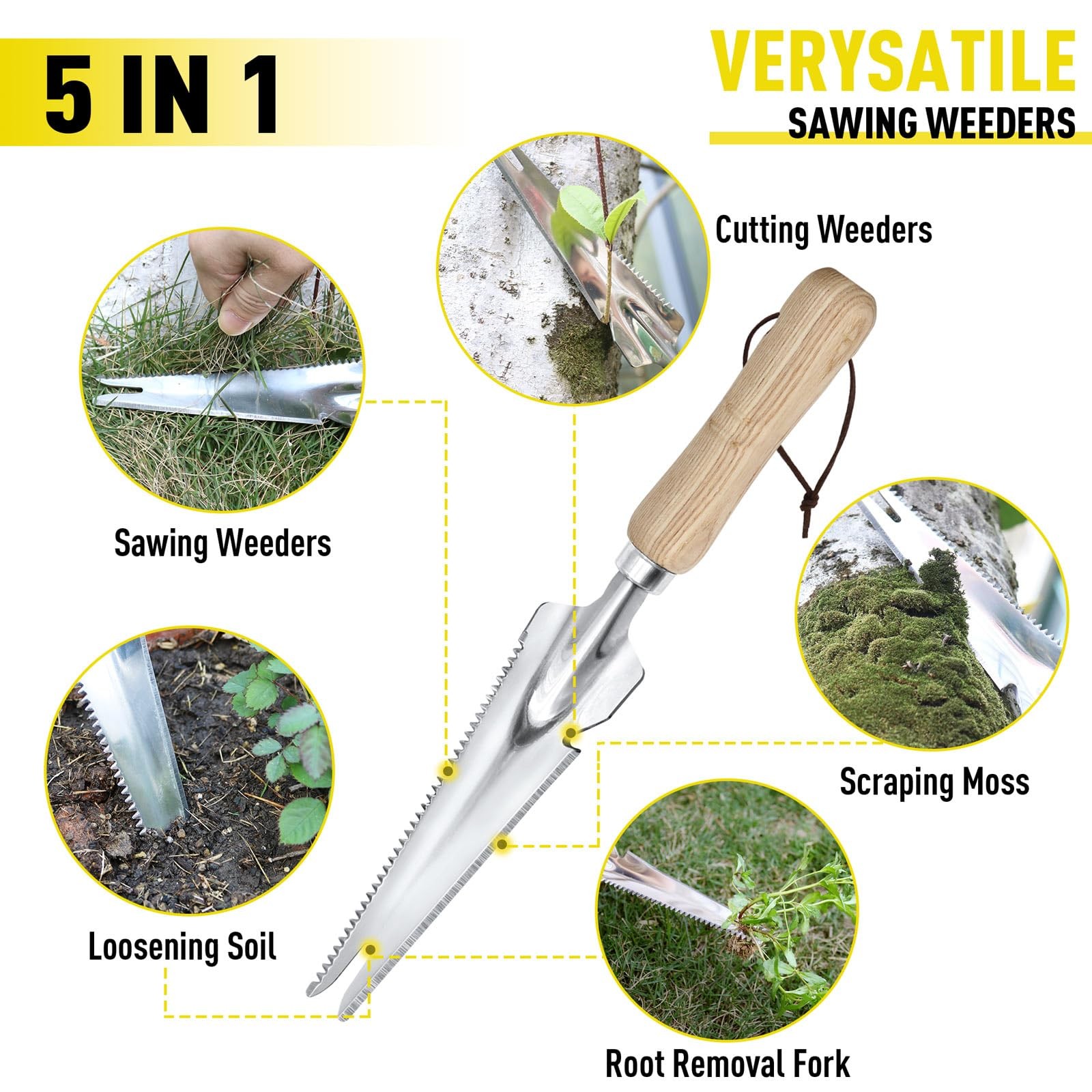 Jardineer Weed Puller Tools Set, 3 Pack Hand Crack Weeder, Stainless wooden