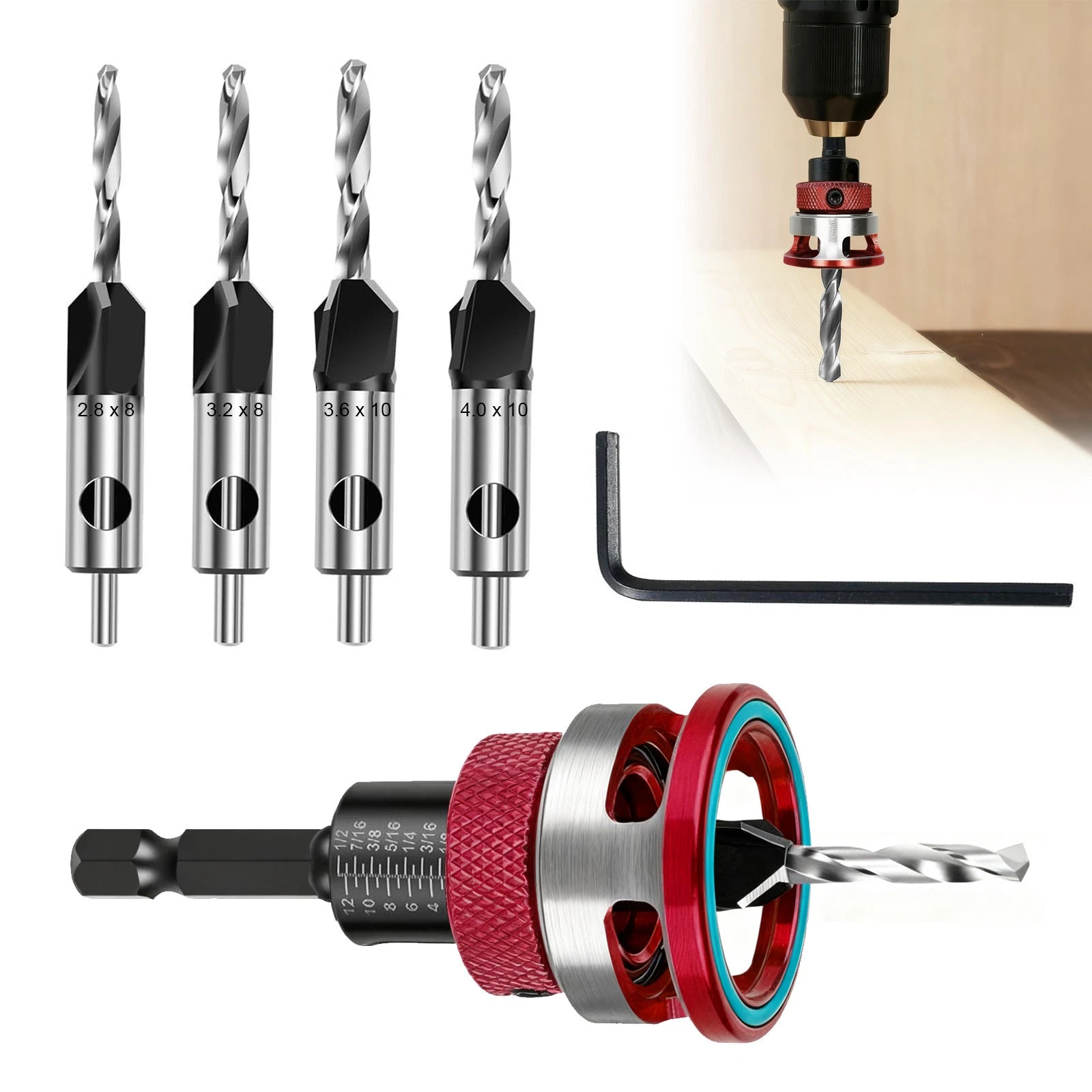 4PCS Countersink Drill Bit Set with Adjustable Depth Stop M2 HSS Woodworking Bit