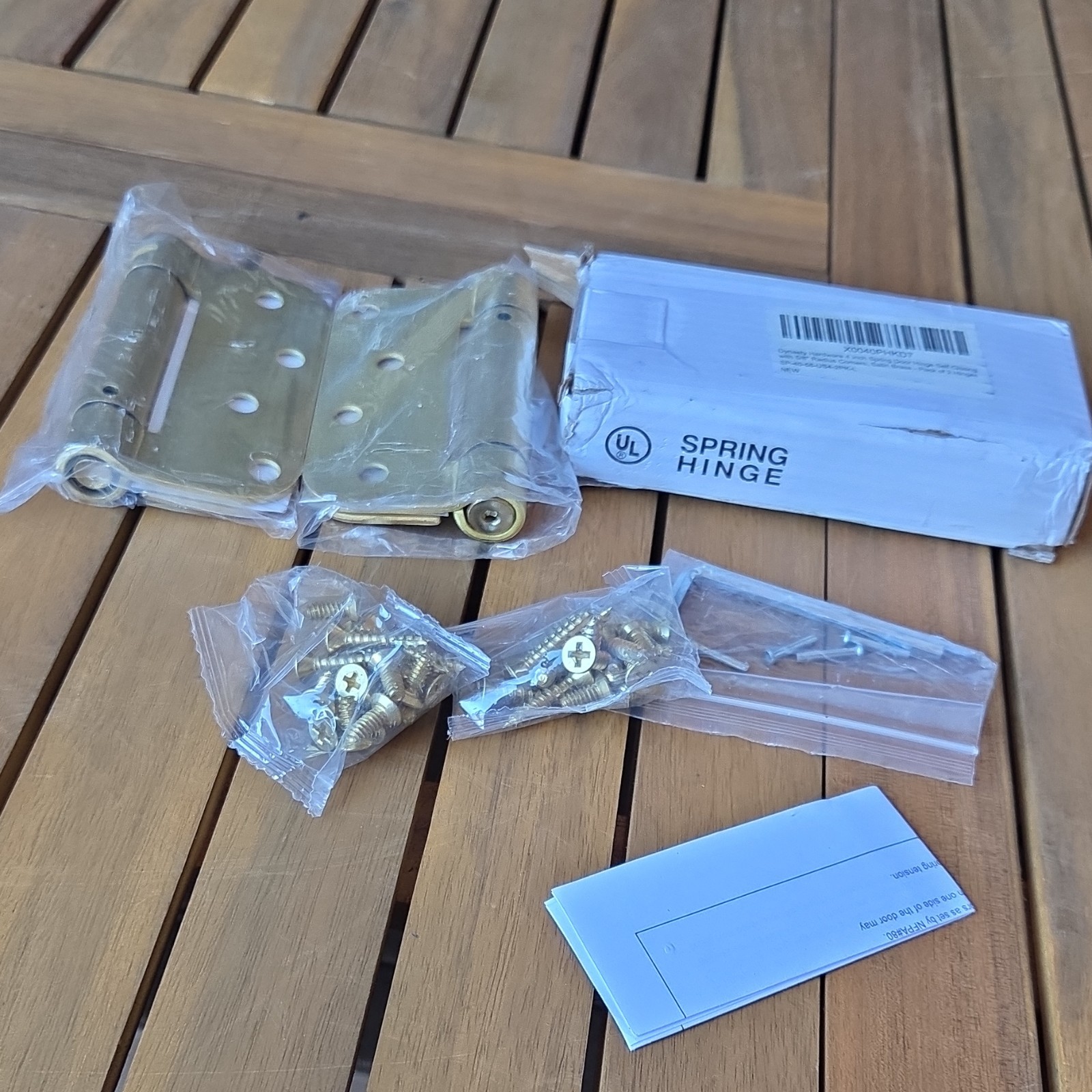 Spring Hinge Satin Brass Metal Door Hardware with Fasteners, Pack of 2