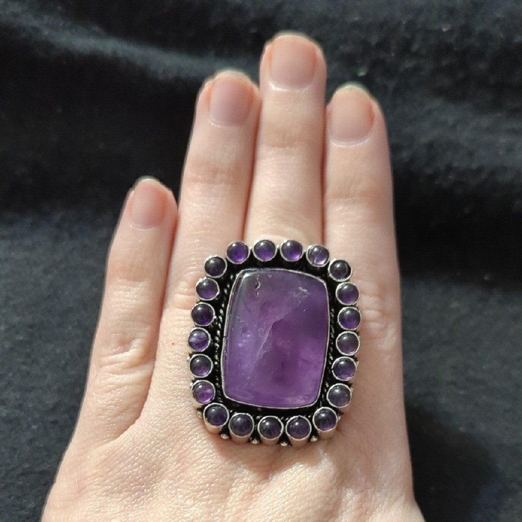 Silver Plated Purple Amethyst Gemstone Cluster Chunky Statement Ring - Size 8