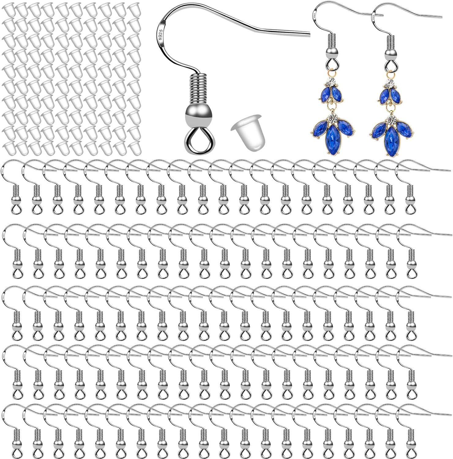 150 PCS/ 75 Pairs 925 Sterling Silver Earring Hooks Fish Hook Ear Wires French W
