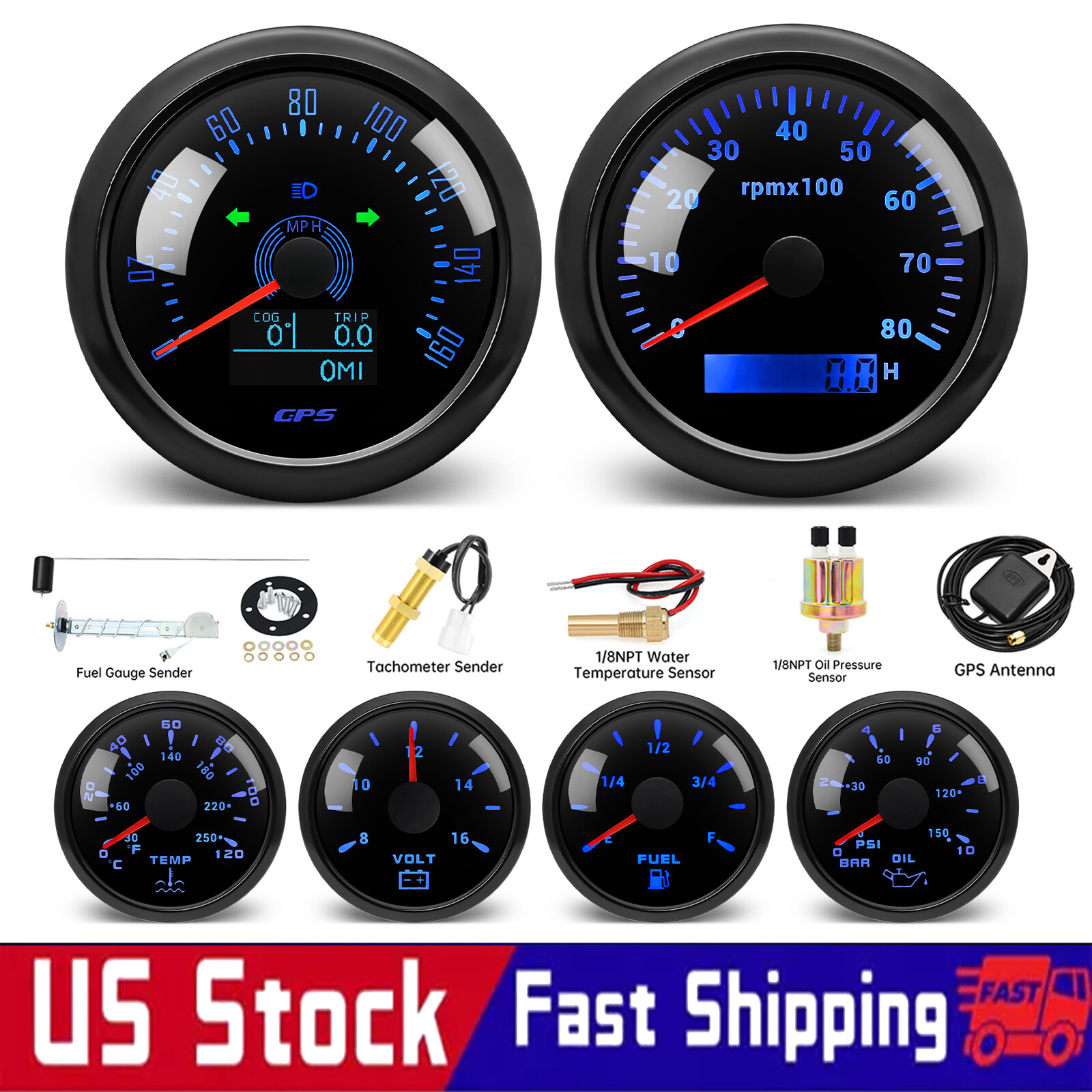 6 Gauge Set 85MM GPS Speedometer 0-160MPH Tacho&52mm Fuel/Temp/Oil/Volt for Boat
