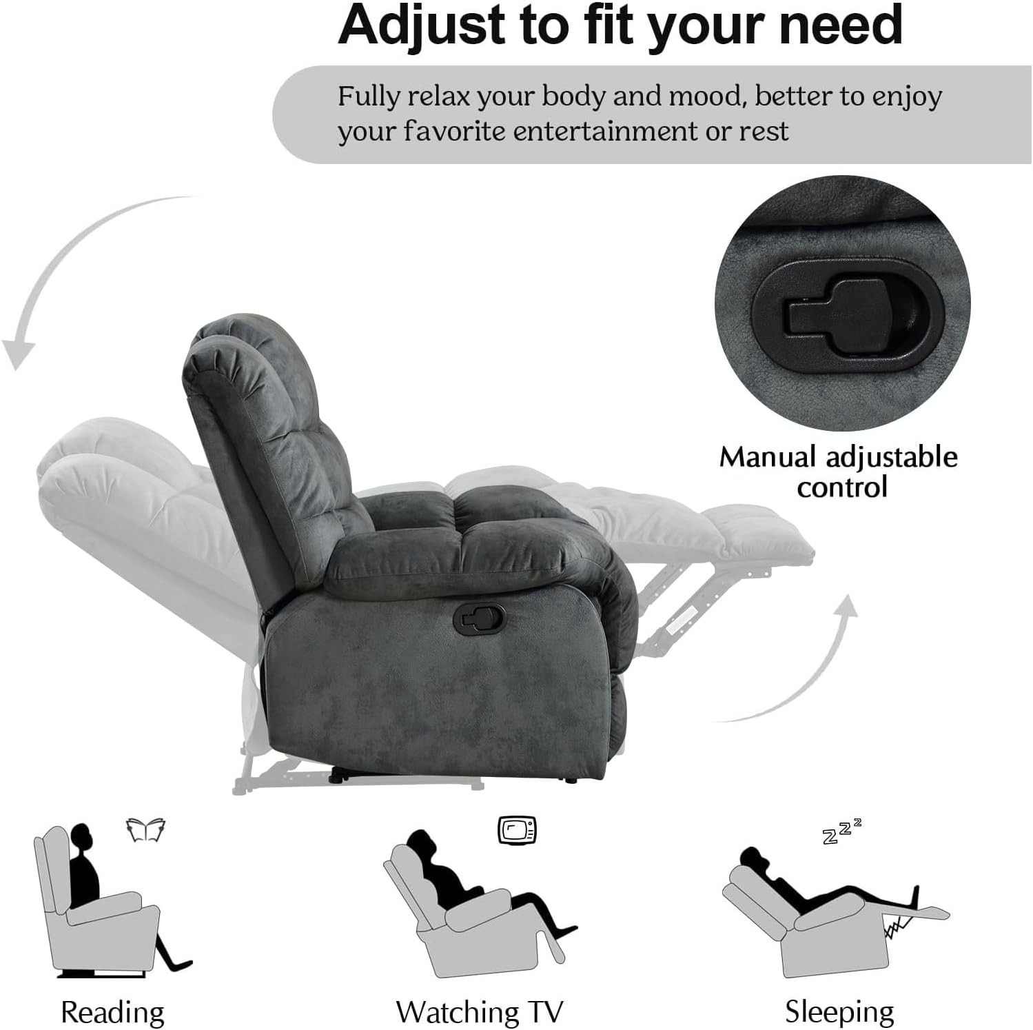 EBELLO Soft Fabric Manual Recliner Chair with Overstuffed Backrest and Armrest