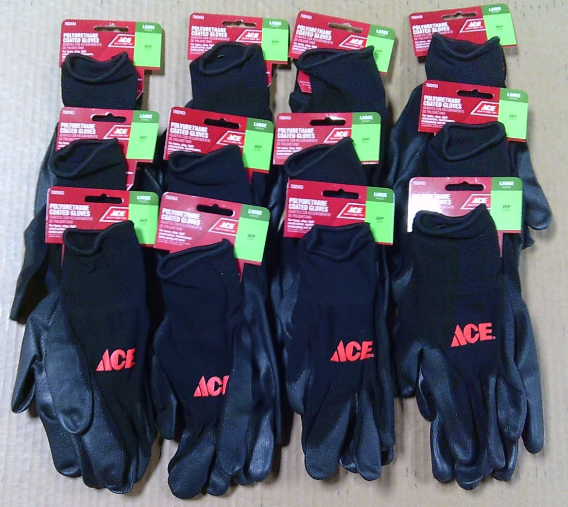 (PACK OF 12 PAIR) Ace Black Men's LARGE Polyurethane Coated Work Gloves