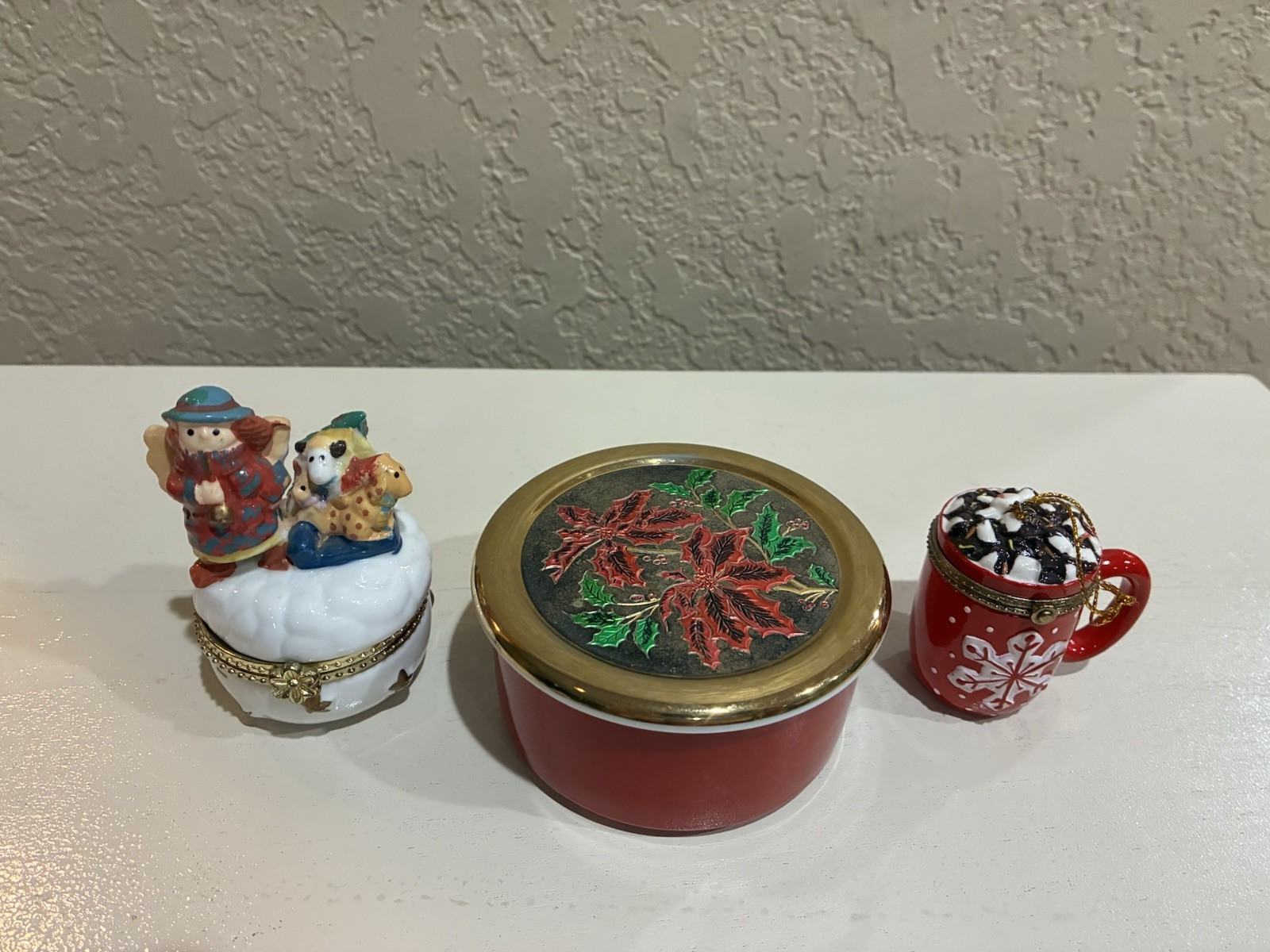 Set of 3 Porcelain Christmas Trinket Boxes With Motifs, An Angel, & Poinsettia