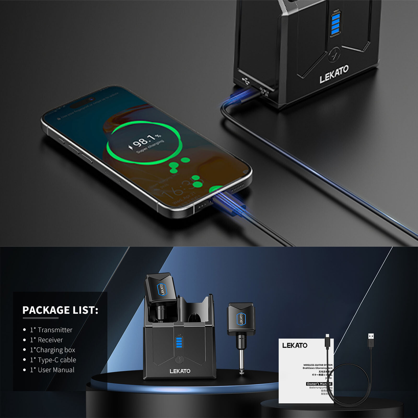 LEKATO 5.8GHz Wireless Guitar System Transmitter Receiver with Charging Box