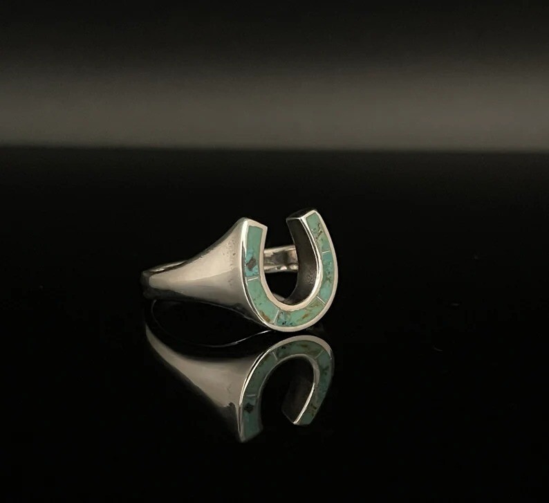Sterling Silver Horseshoe Ring With Genuine Turquoise Animal Lover Ring