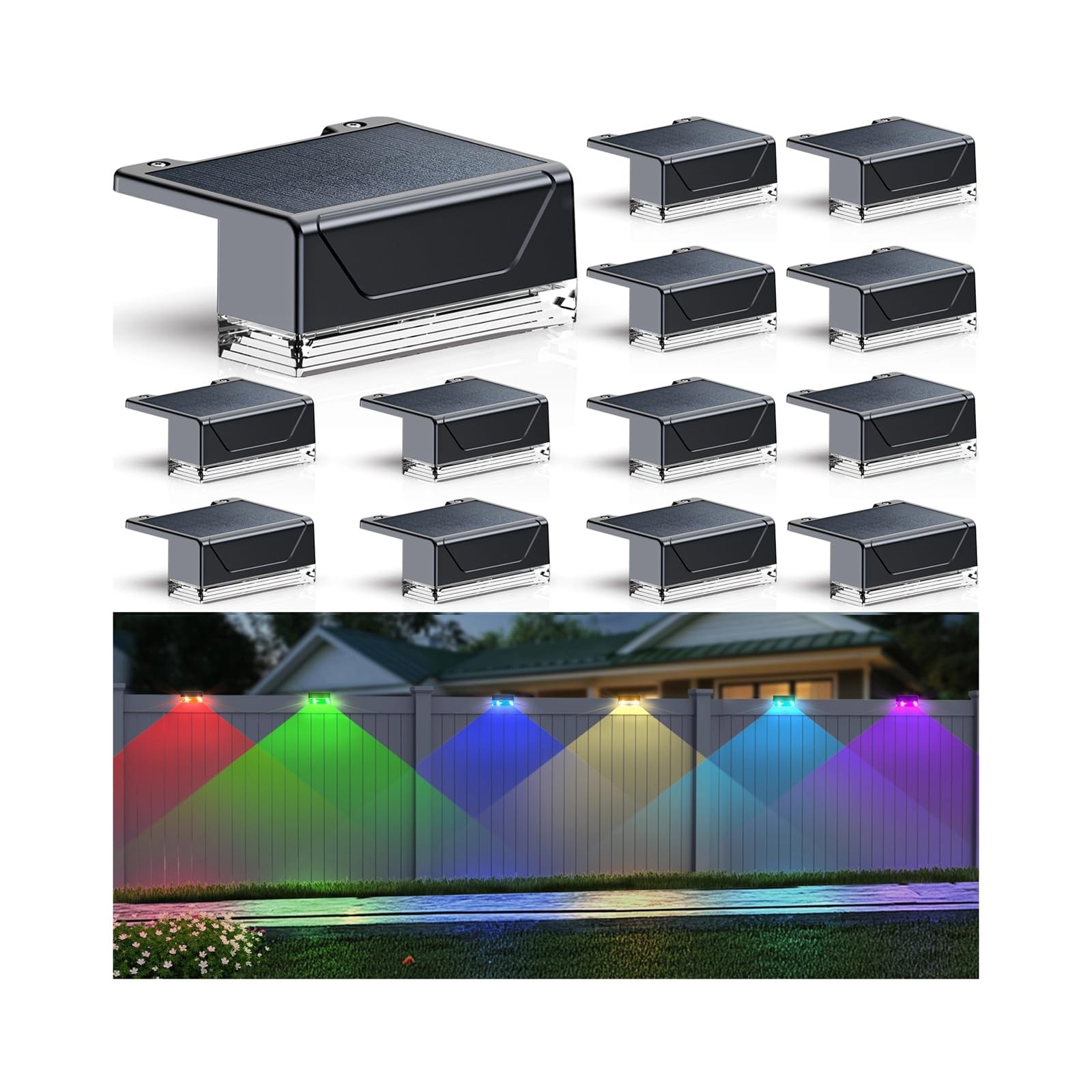 12PK Solar Fence Lights Outdoor Waterproof LED - Warm White & RGB 6 Color, Du...