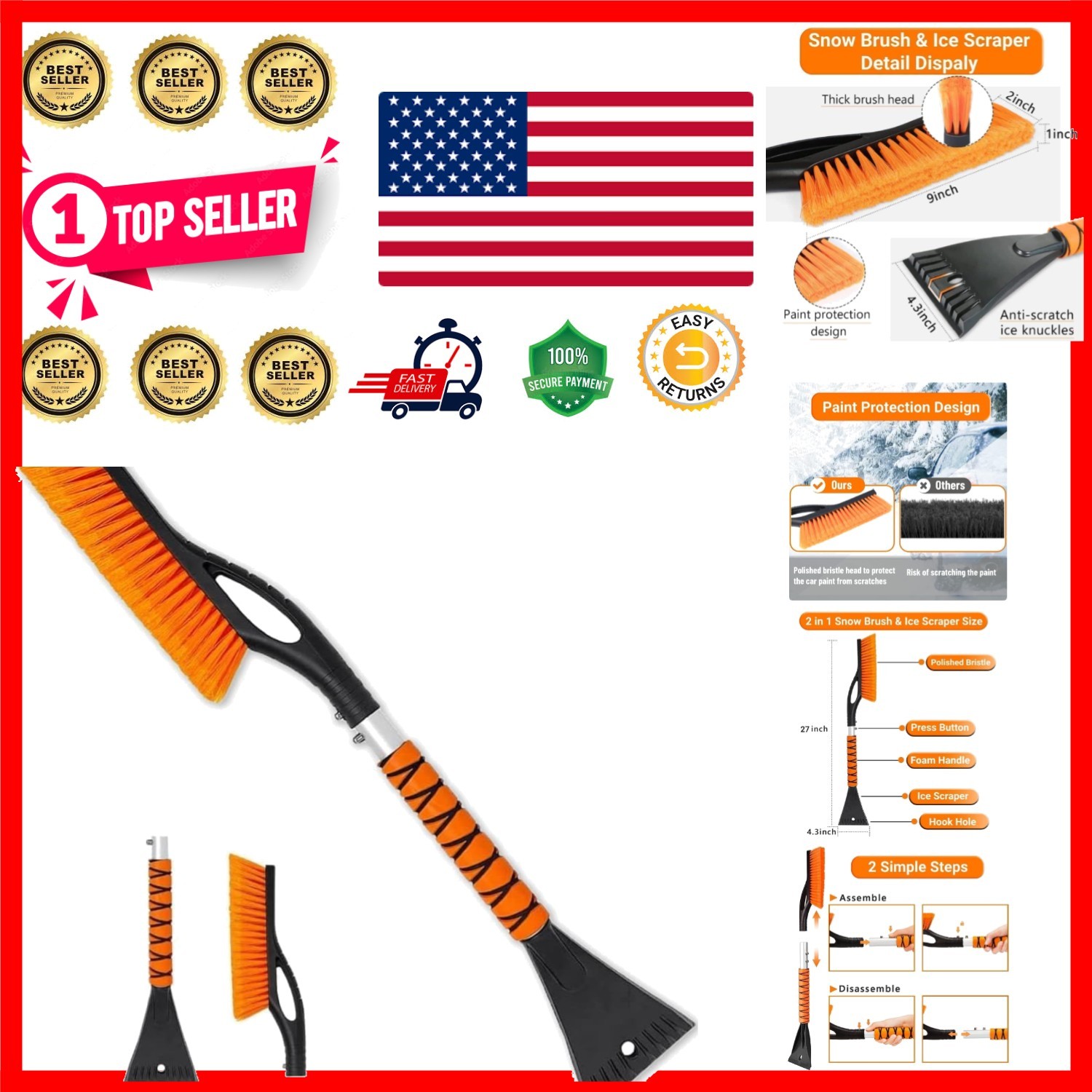 Detachable 27-Inch Snow Removal Tool with Foam Grip for Windshield Safety