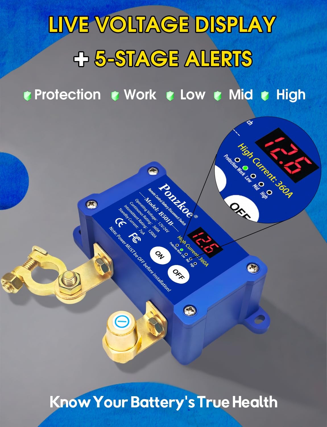 360A Remote Car Battery Disconnect Switch with LED Voltage Display - 12V Blue