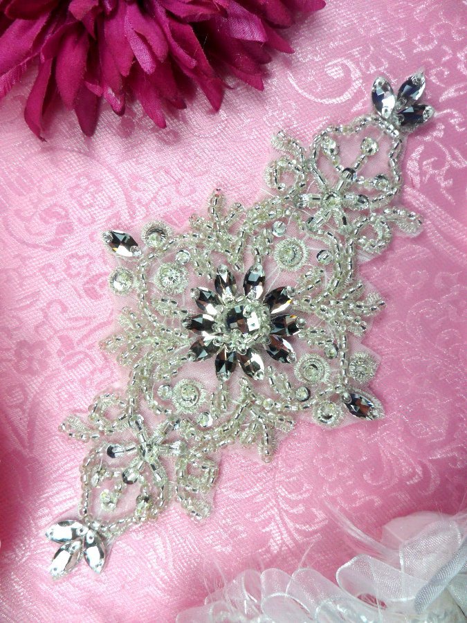 JB128 Applique Glass Rhinestone Silver Beaded 7" ~Victorian Motiff