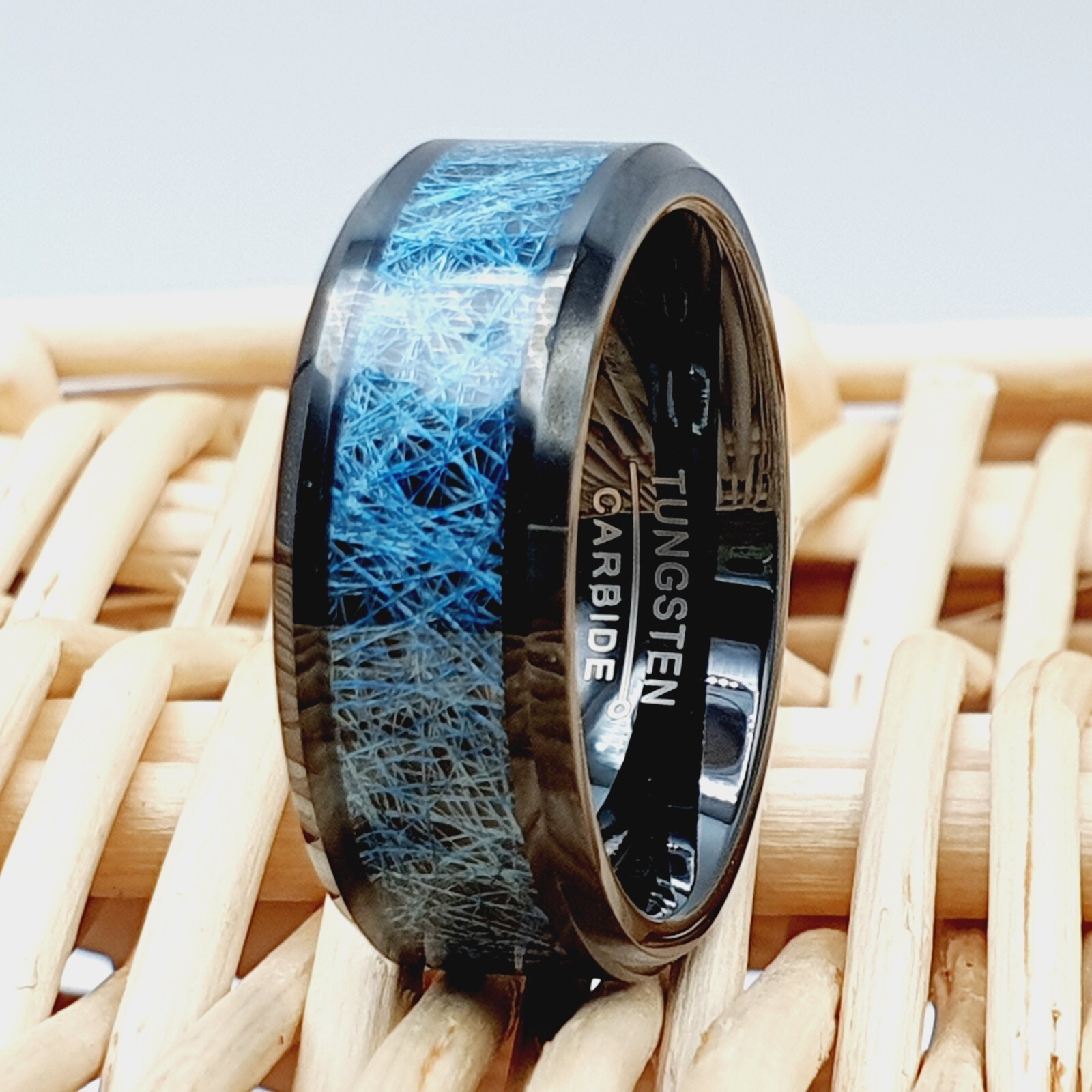 Black Tungsten Anniversary Band – Men’s Blue Silk Thread Inlay Wedding Ring