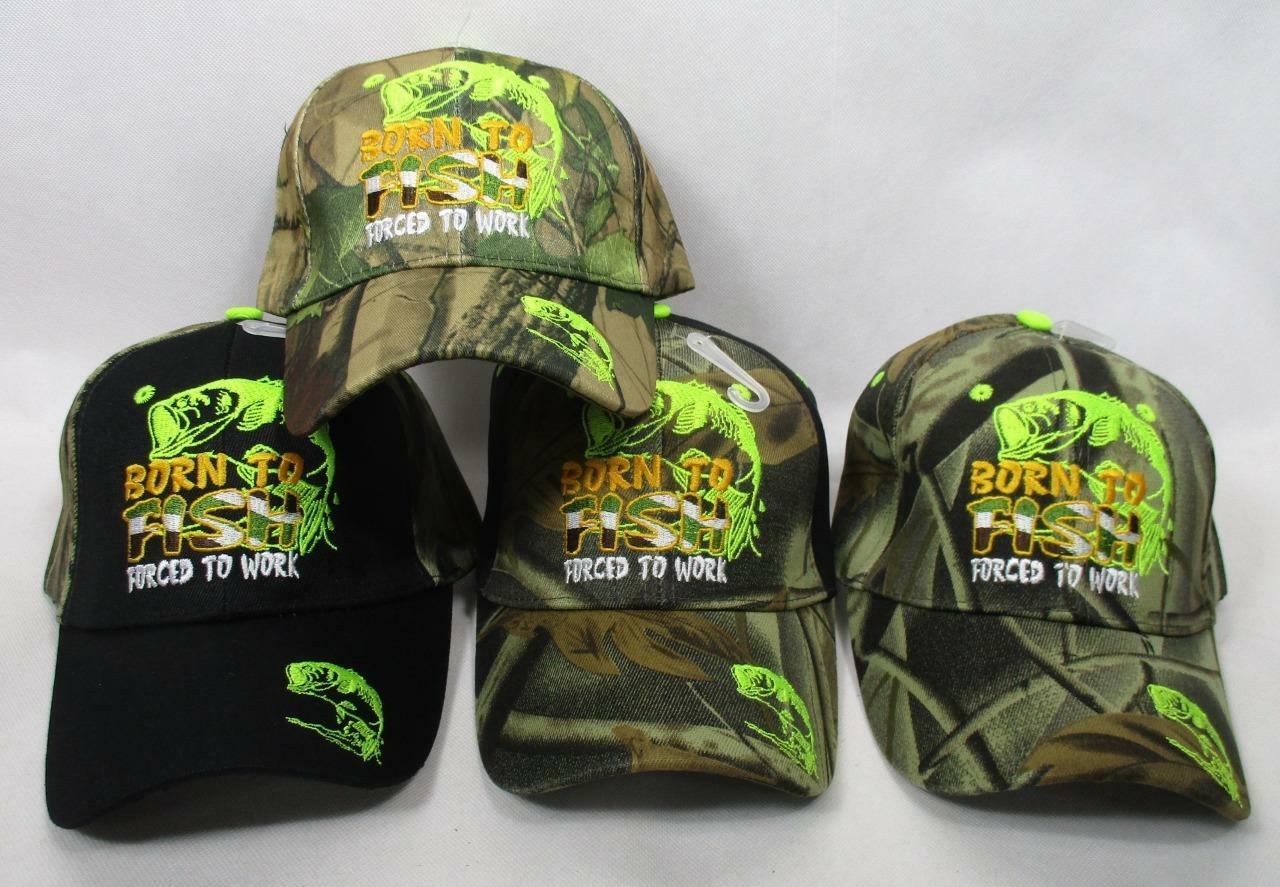 Born To Fish Forced To Work Baseball Cap Fishing Bass Hat Neon Camo Outdoor