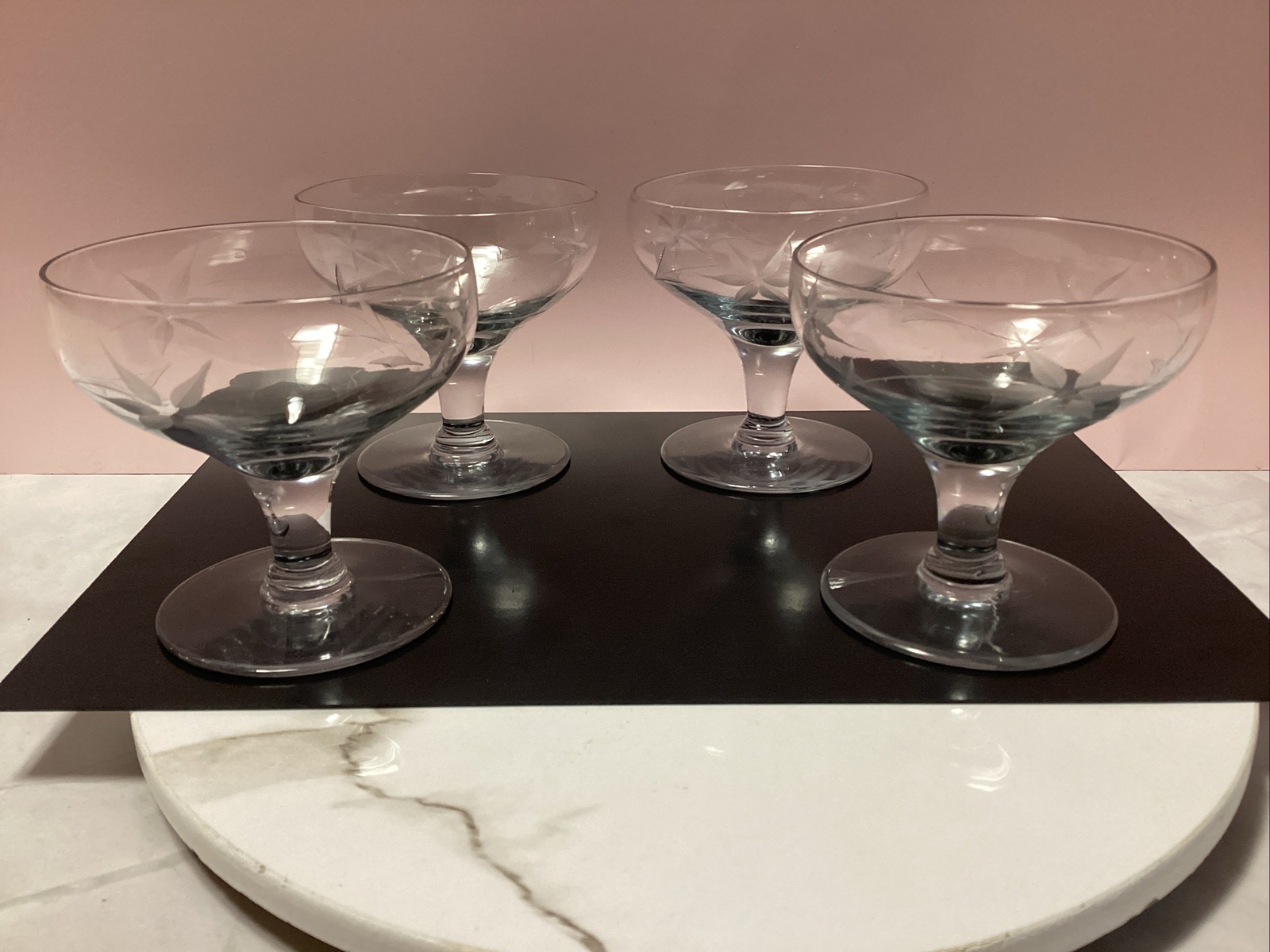 Vintage Footed Etched Glass Star-Flower Sherbet Sundae Dessert Dishes Set of 4