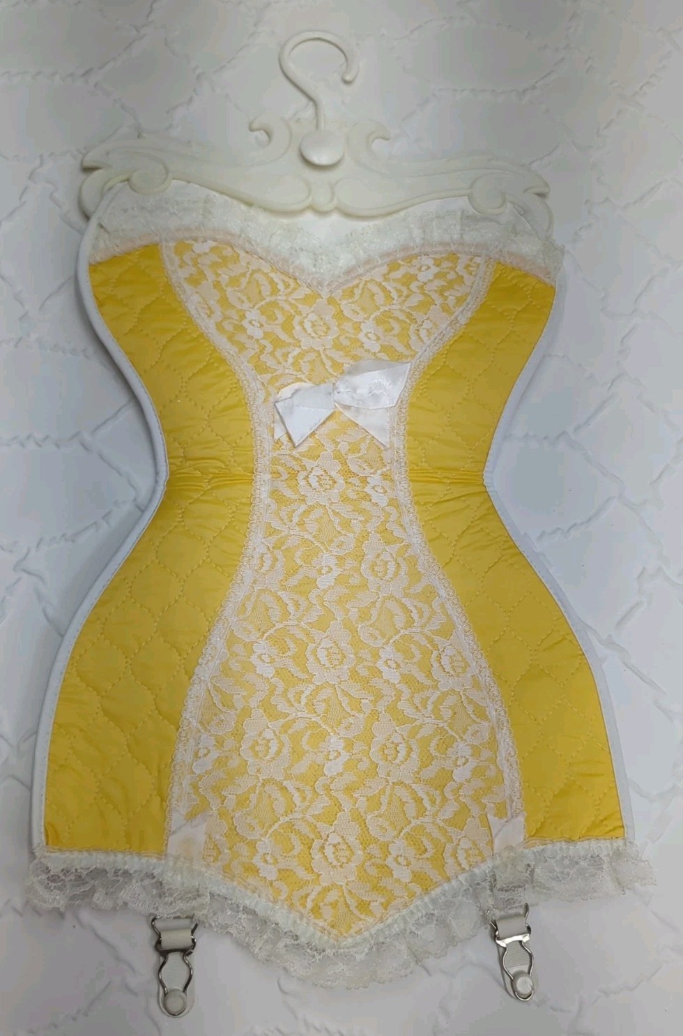 Vintage Hanging Corset Yellow & Lace Laundry Decorative Clothes Pin Storage Bag