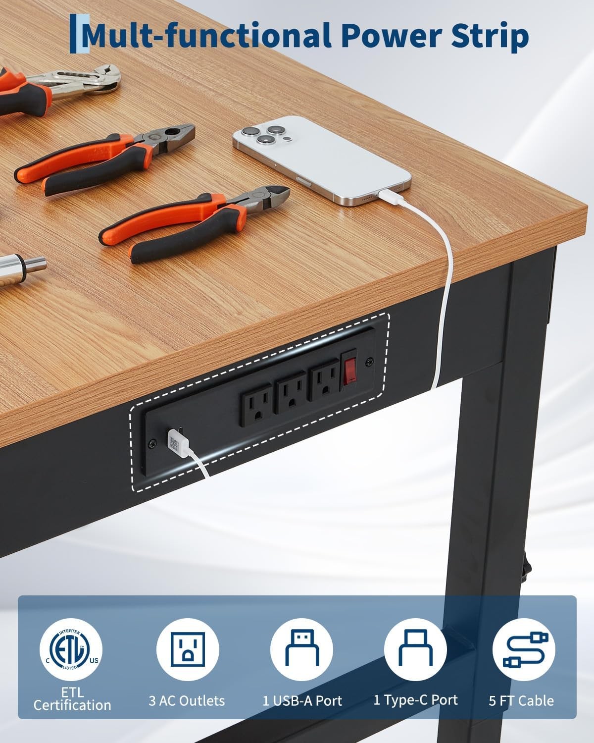 60in Rolling Garage Workbench Adjustable Tool Bench w/ Locking Wheels