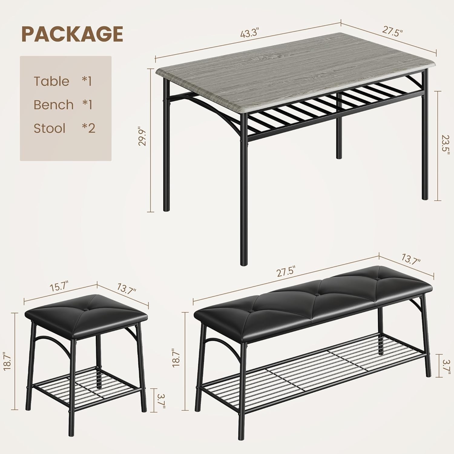 Kitchen Table Set for 4 Dining Table with Bench and 2 Square Stools Storage USA