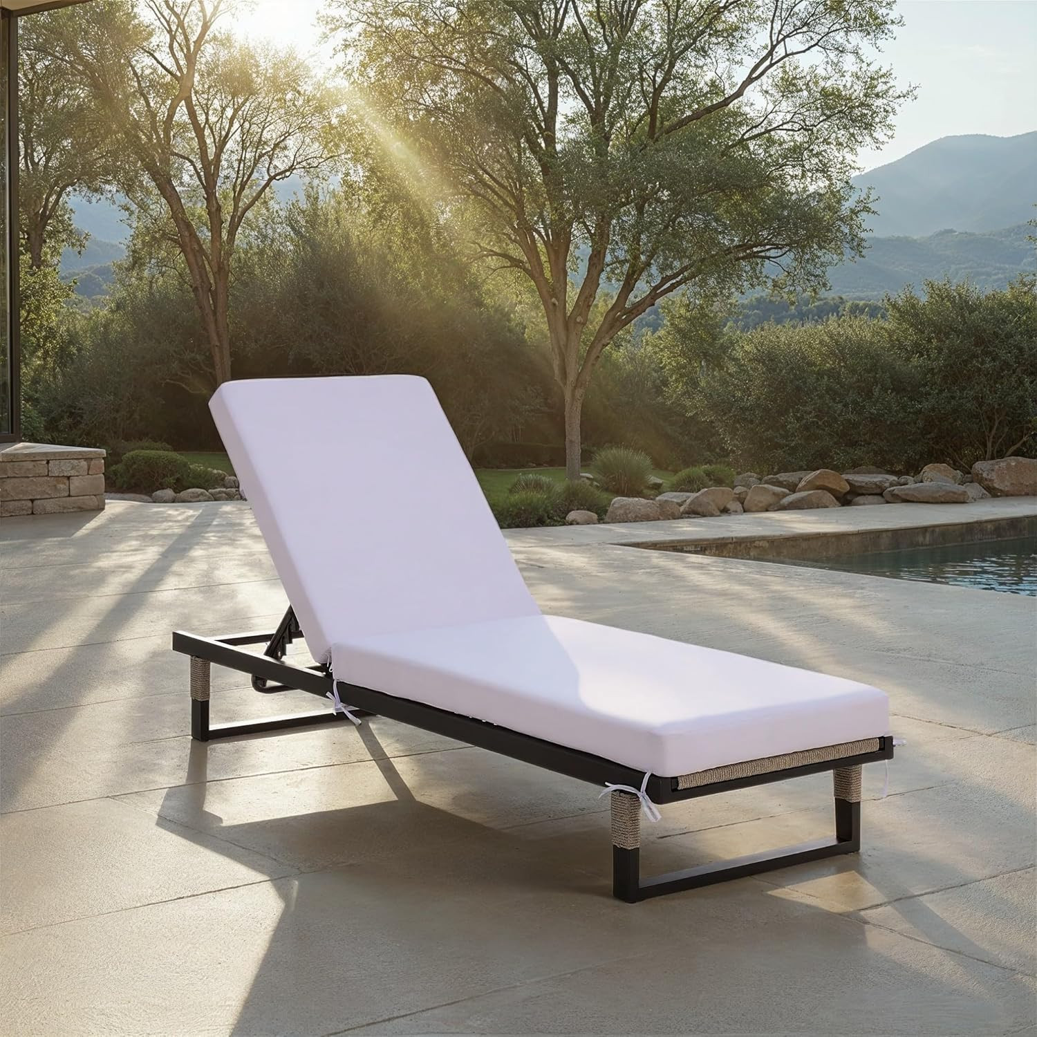 Stylish Black & White Adjustable Outdoor Lounger with Cushion for Patio Relaxati