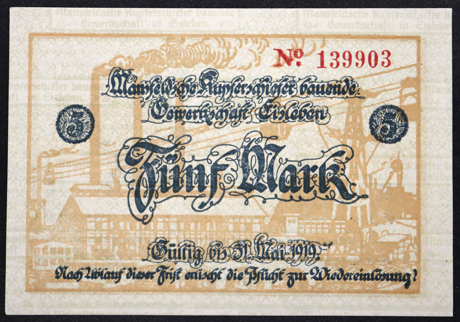 EISLEBEN 1918 "Mansfeld Copper Shale" 5 Mark Grossnotgeld German Notgeld