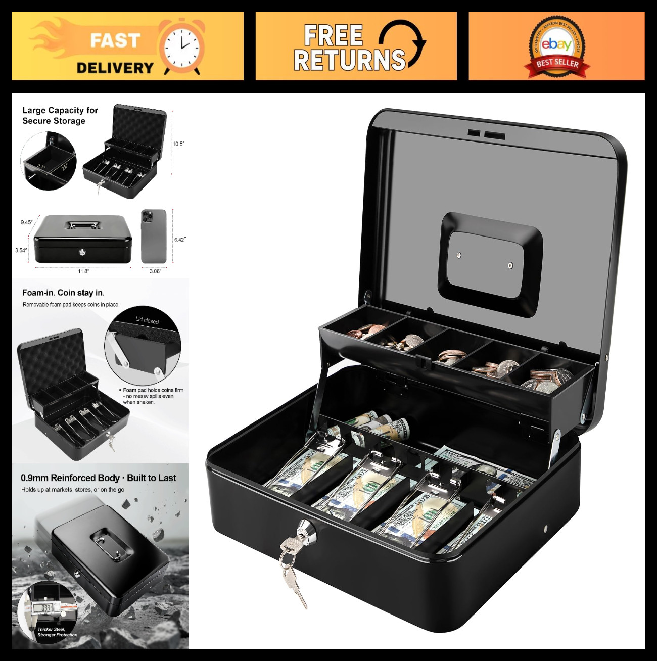 Metal Cash Box with Key Lock - Portable Money Box for Sales, Coin Tray & Bill Cl