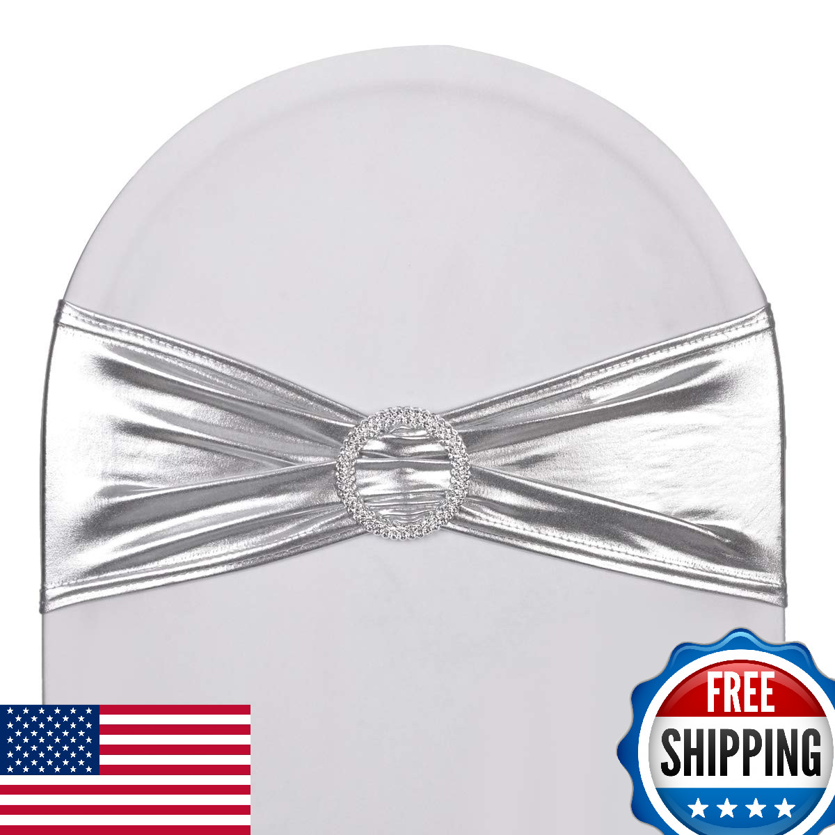 SweetEasy 50x Metallic Silver Spandex Chair Sashes, Stretch, Durable, Wedding
