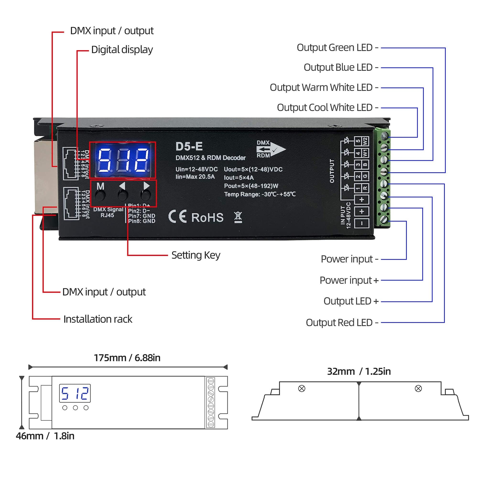 5-Channel DMX Decoder PWM LED Controller RGBCCT Driver 12-48V Input RDM