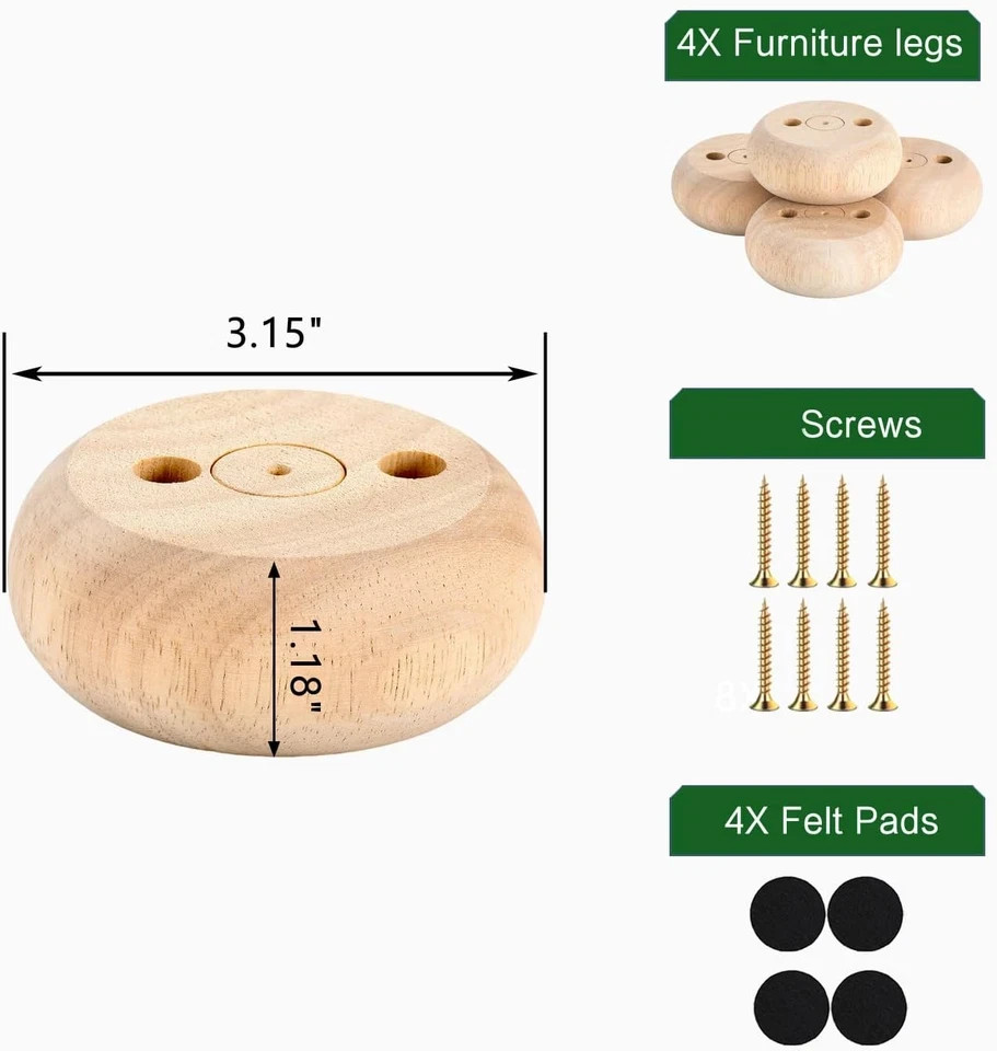 30MM Furniture Legs 1 Inch Set of 4,Round Short Replacement Wood Bun Feet for Co