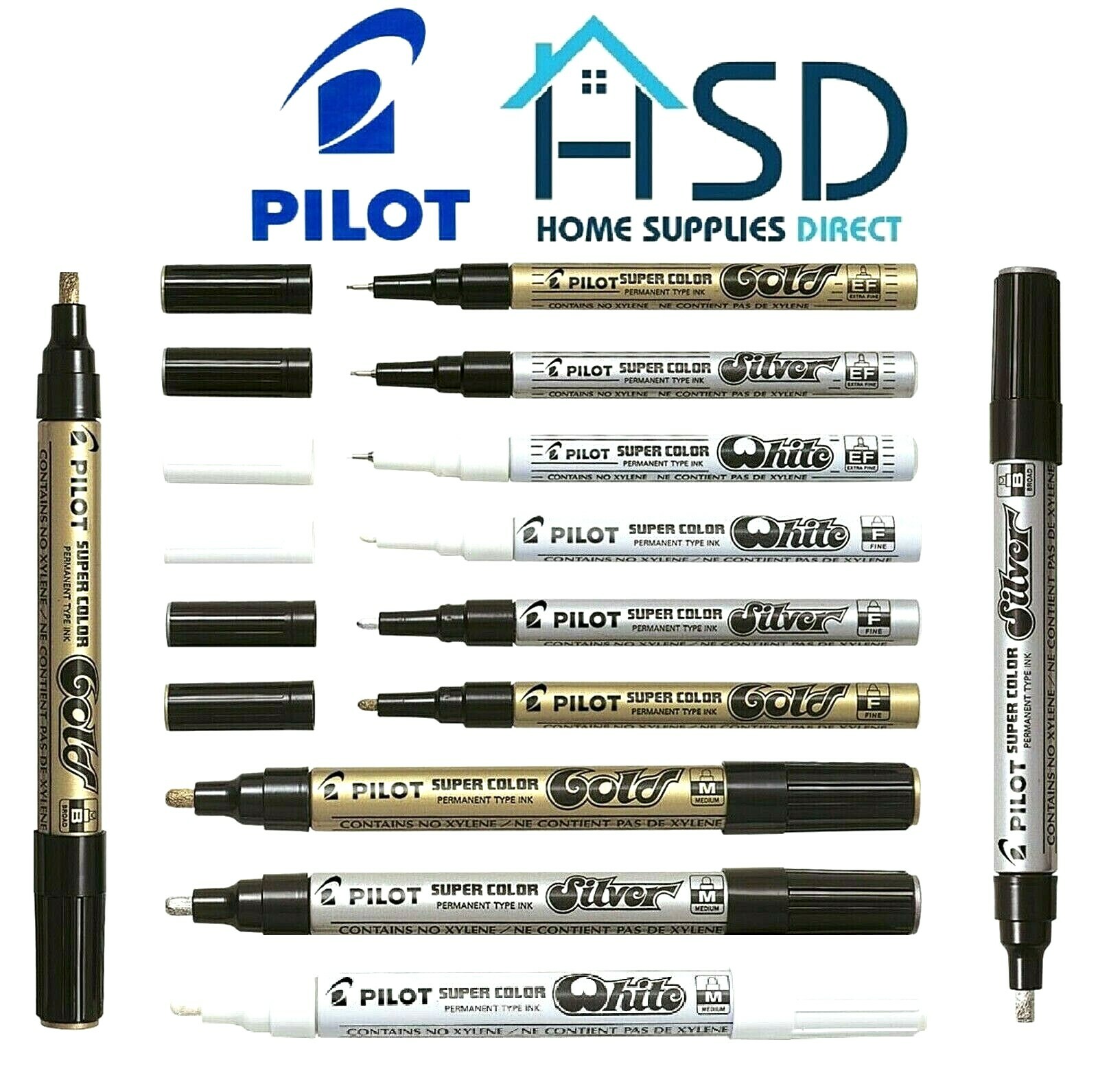 Pilot Super Color Marker Pen Metallic Paint Colour Gold Silver White Ink Pens