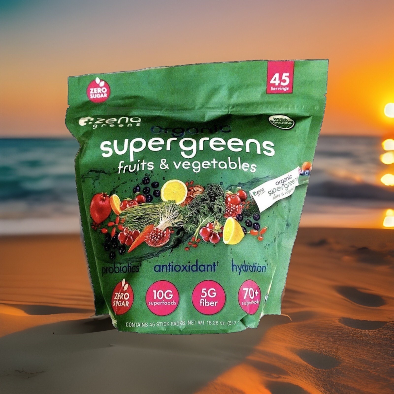 Zena Organic Super Greens Fruit & Vegatables Powder, 45 Sealed Packets