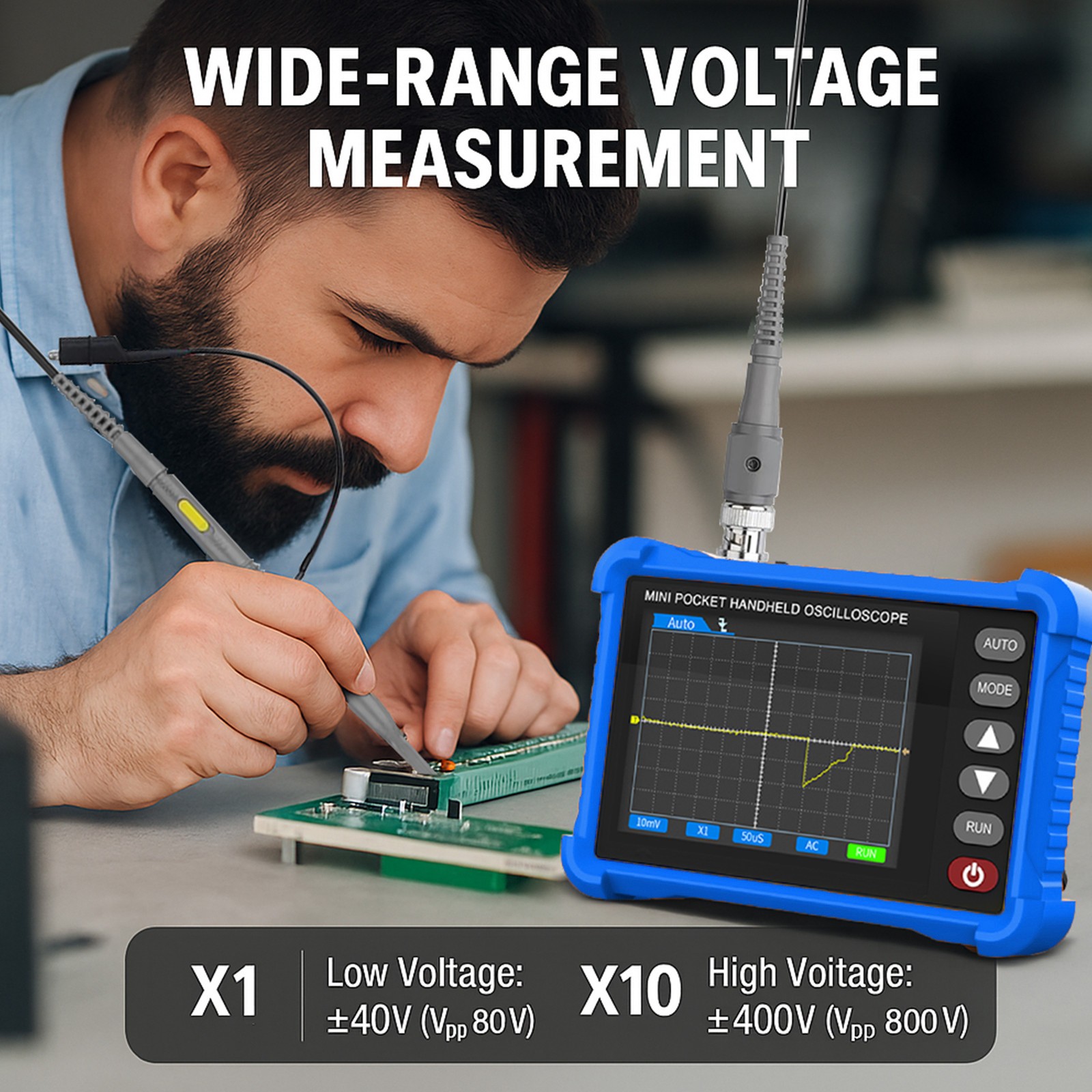 Mini Oscilloscope Handheld - 500kHz Bandwidth, AUTO Set, Perfect for Electronics