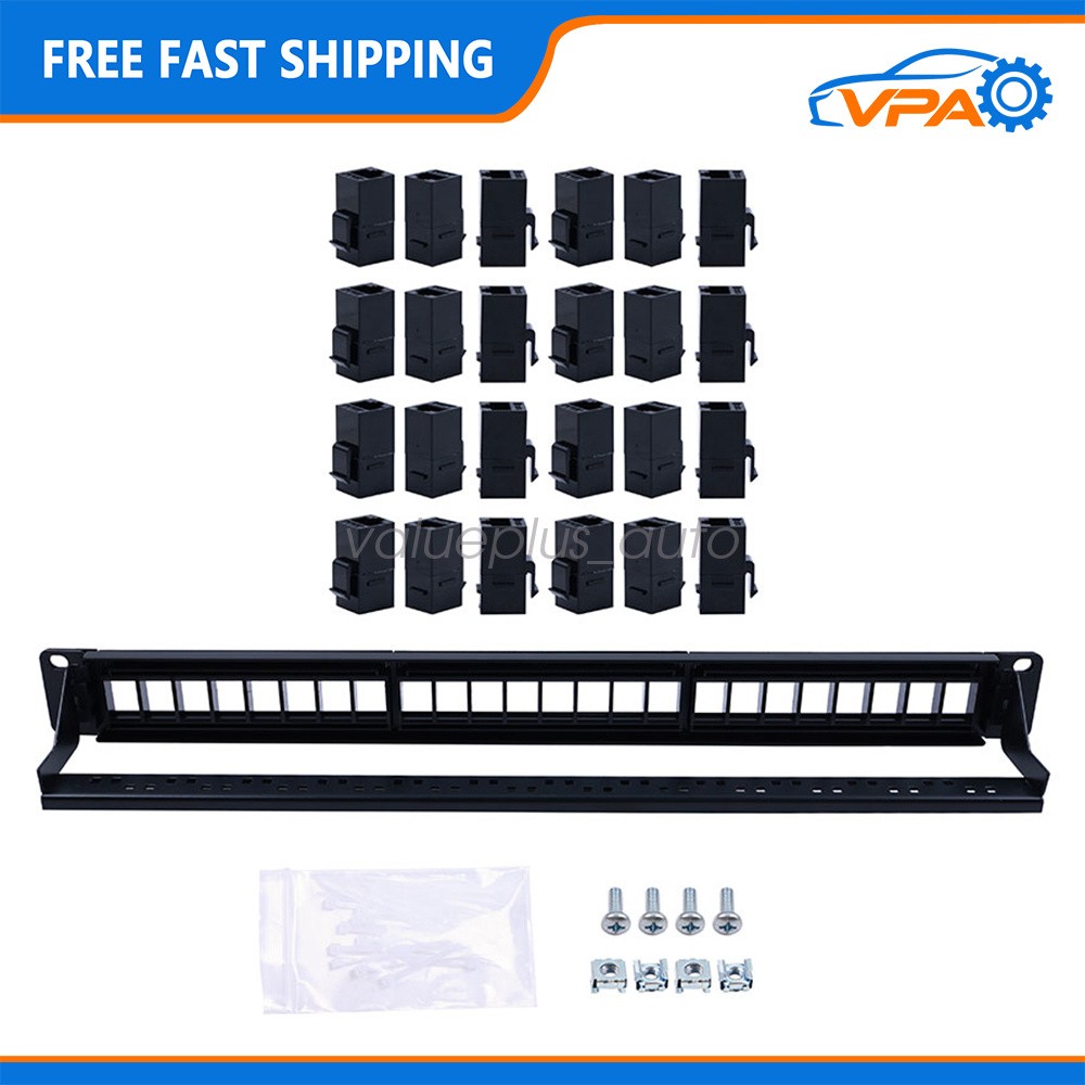 24 Port Cat6 Patch panel, 10G Pass-Through Keystone RJ45 Coupler, UTP 19-Inch 1U