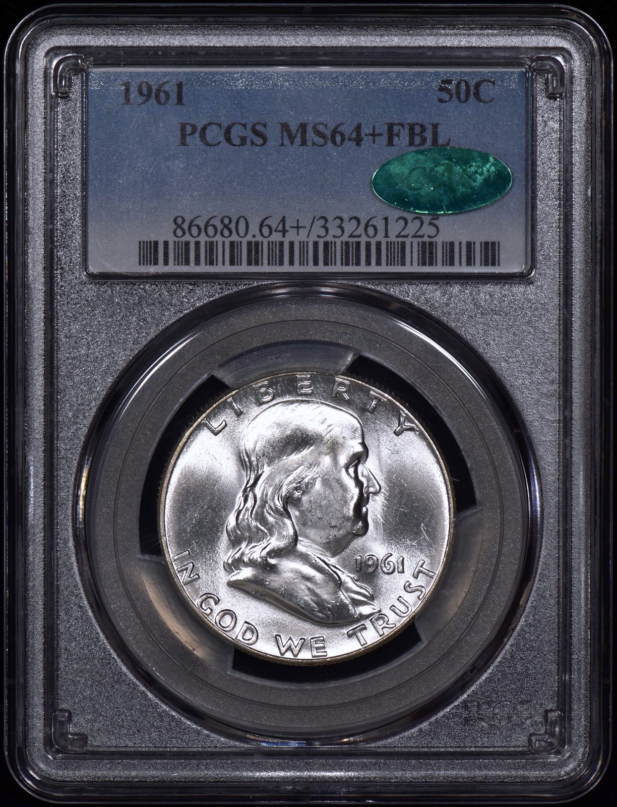 1961 Franklin Half Dollar 50c PCGS MS64+FBL CAC - White & Lustrous!
