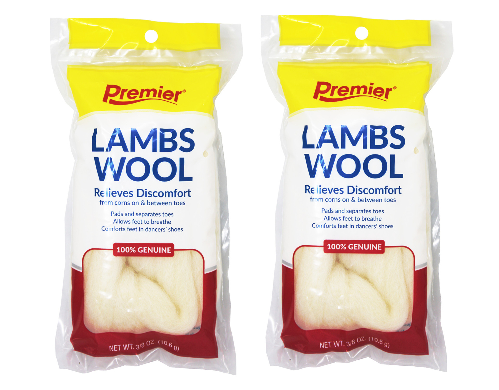 Premier Lambs Wool Relieves Discomfort from Corns & between toes 3/8 oz 2 Pack