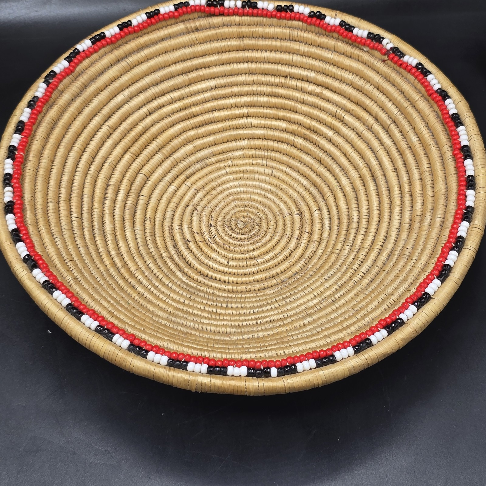 Handwoven Coil Basket with Red White Black Beaded Rim 10.5” Rustic Boho Decor
