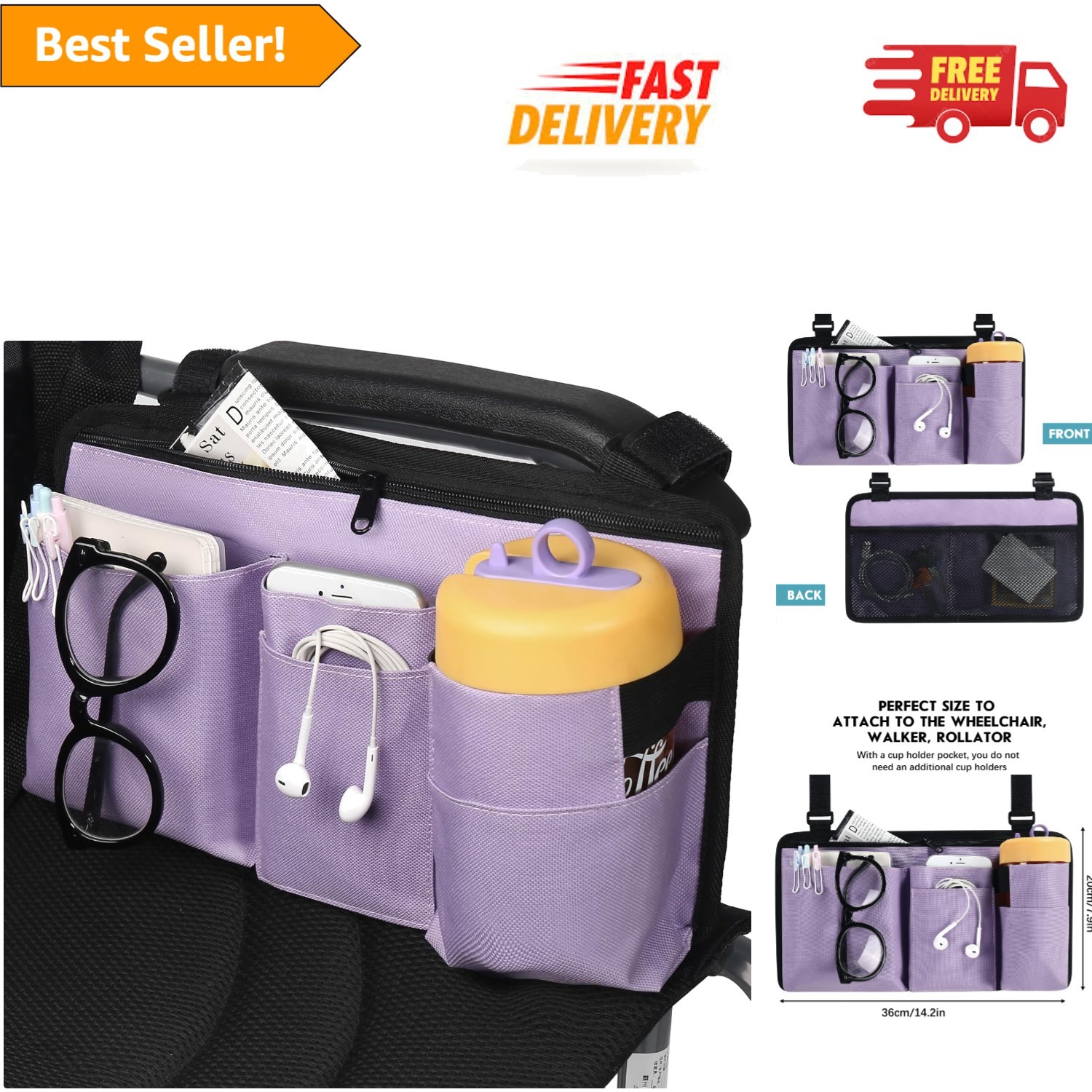 Elegant Purple Wheelchair Bag with Cup Holder – Perfect for Everyday Essentials