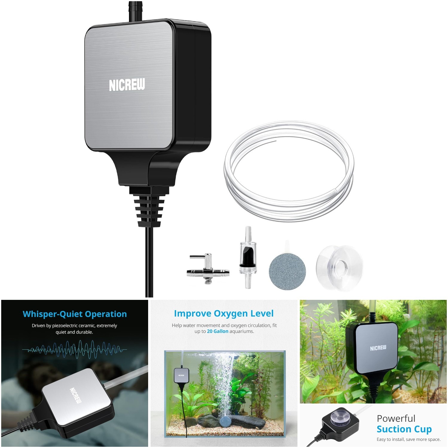 Nano Silent Aquarium Air Pump Black Up To 20 Gallon Super Quiet 0.6 L/min 1.5