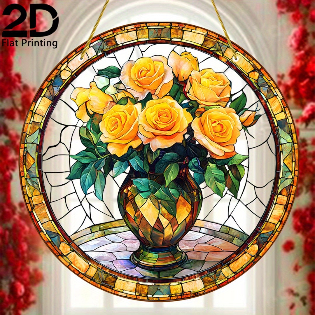 Golden Rose Bouquet Acrylic Suncatcher Nature Inspired Home Hanging Decoration