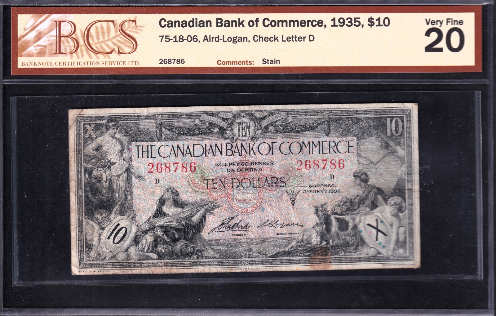 Canadian Bank Of Commerce 1935 $10 Banknote Aird - Logan BCS Graded VF - 20
