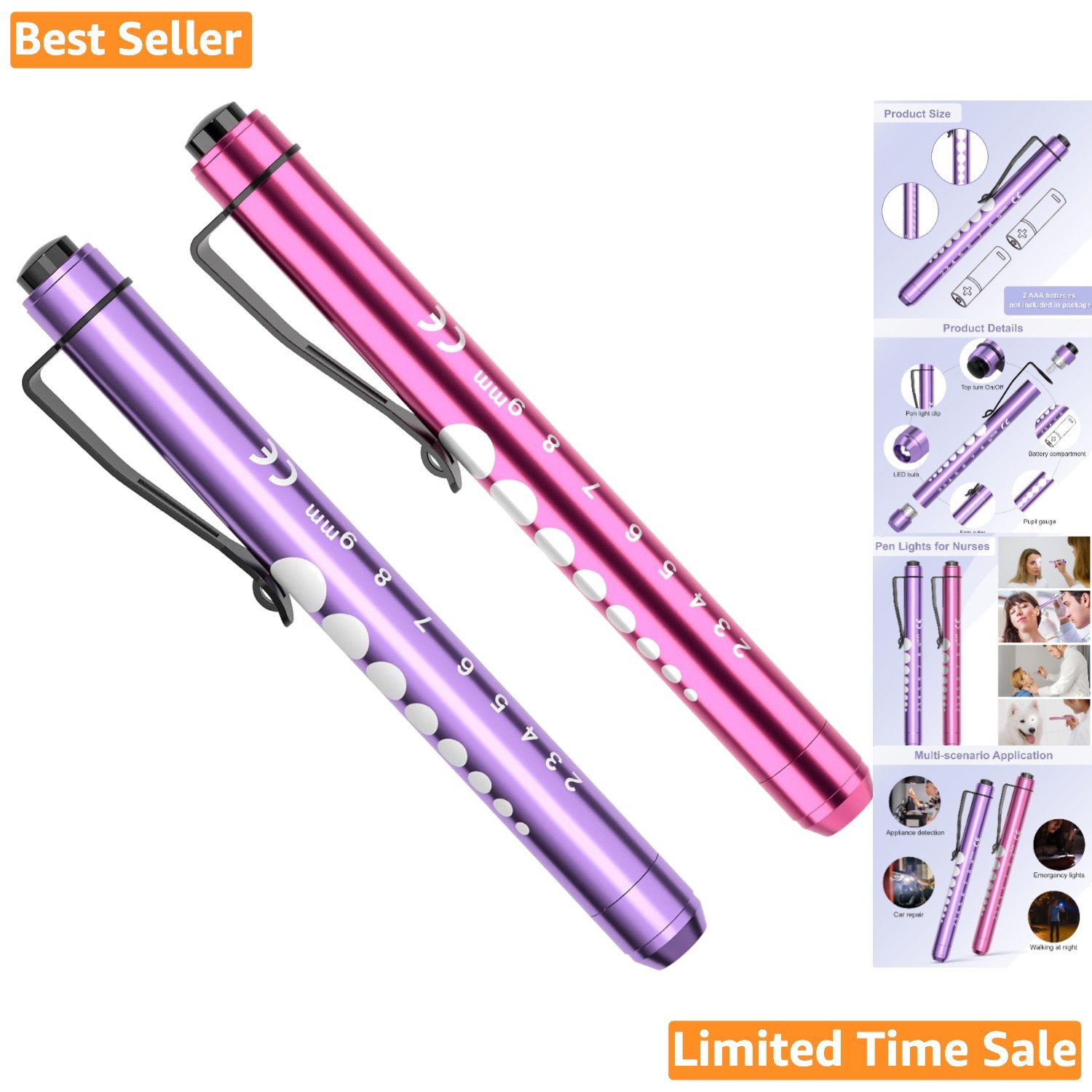 Compact 2-Pack Nurse Pen Lights with Ruler - Ideal for Medical Professionals