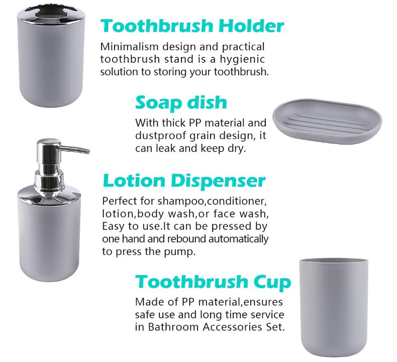6-Piece Bathroom Accessory Set - Gray | Toothbrush, Soap, Trash Can & More