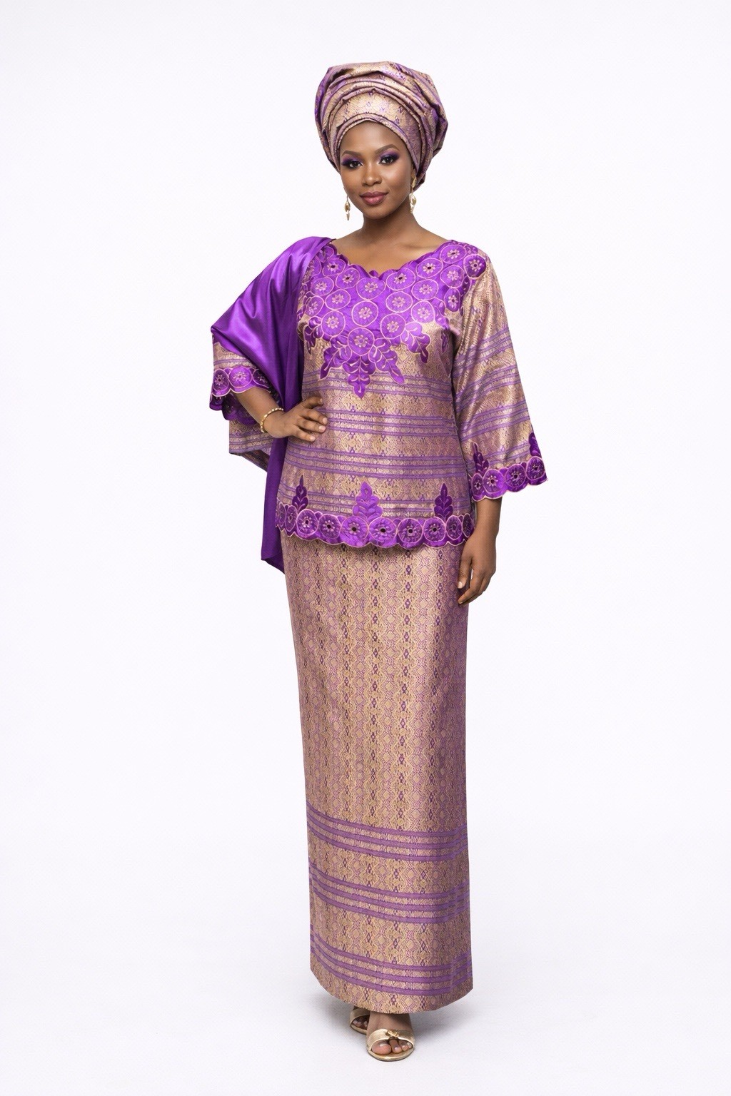 African Lace Dress Skirt Set With Gele Headwrap Women Traditional Outfit