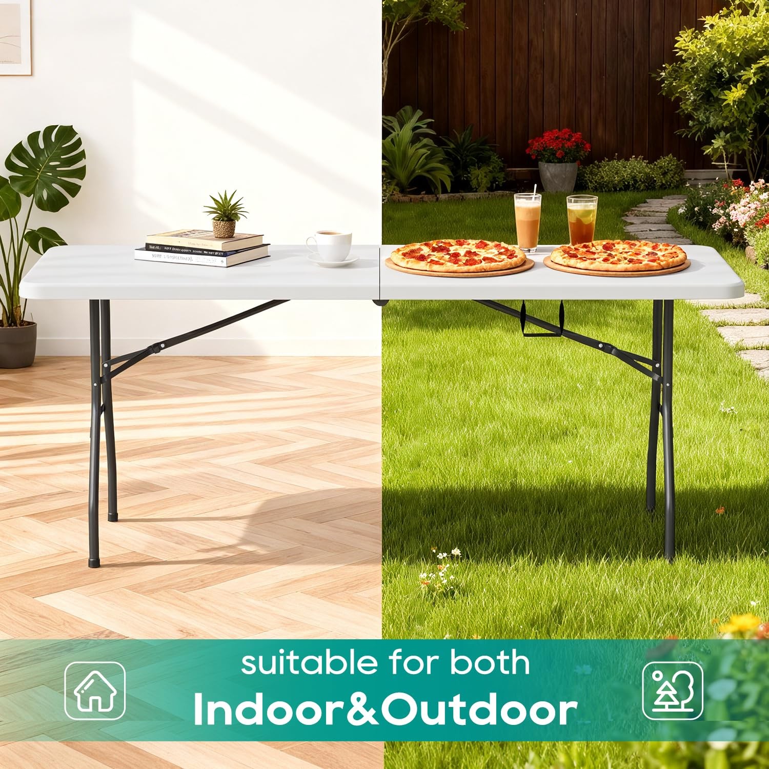 6FT Folding Table, Portable Fold-in-Half Plastic Picnic Party Table with Carr...